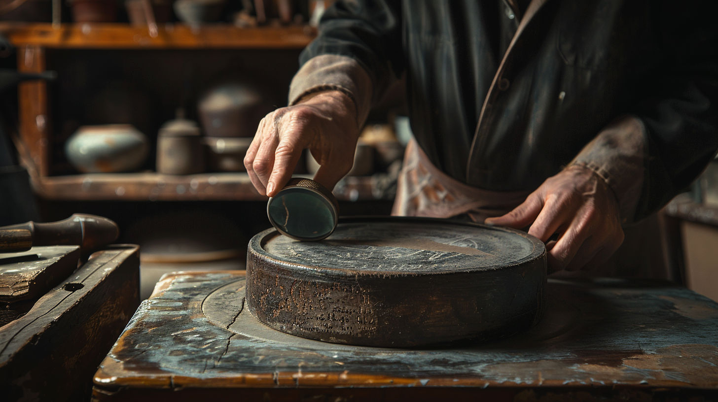 Detailed view of maker’s stamp on bottom of antique stoneware crock