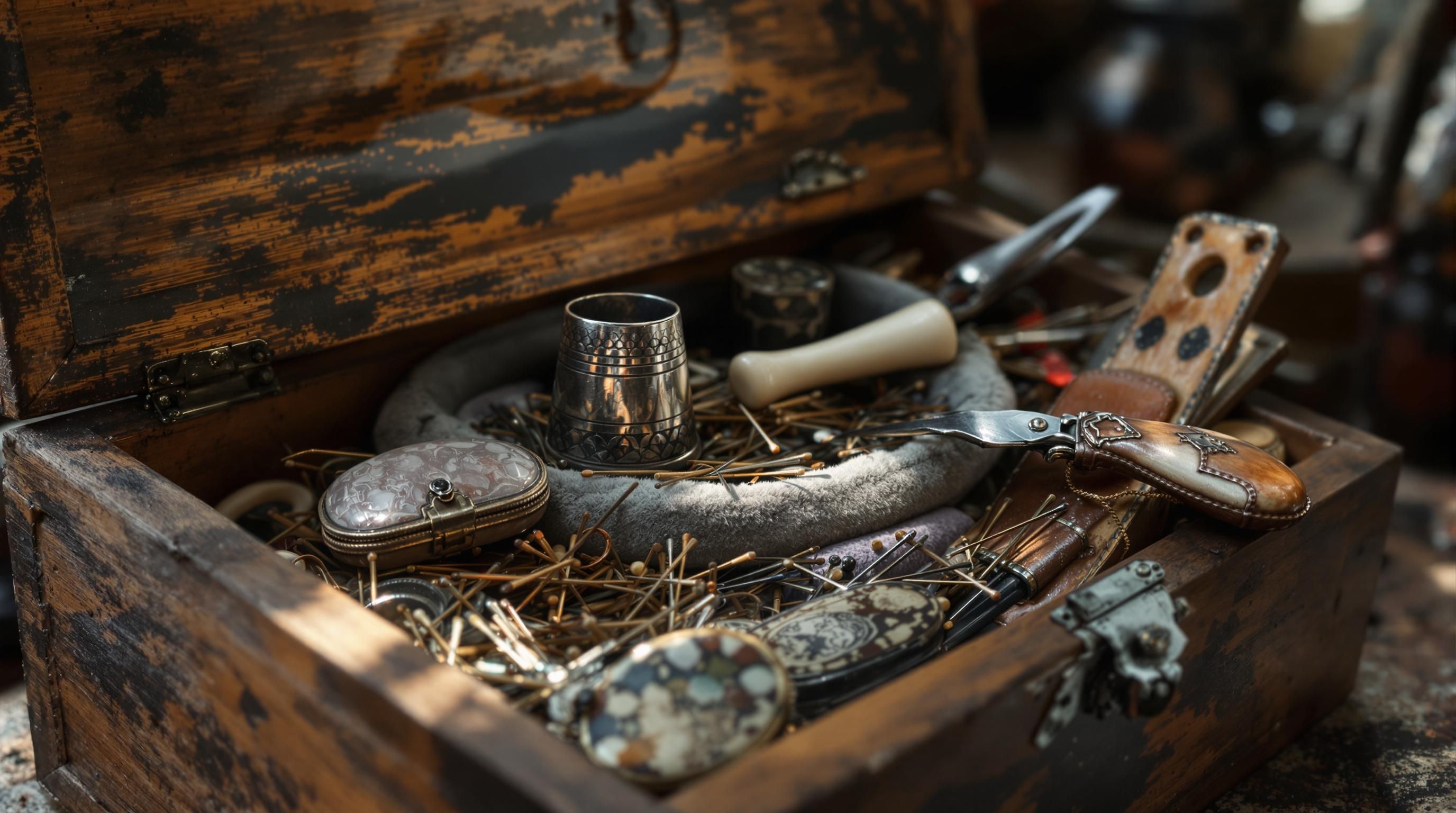 Authentic Victorian-era antique sewing collection featuring ornate thimbles, sterling scissors, and carved needle cases