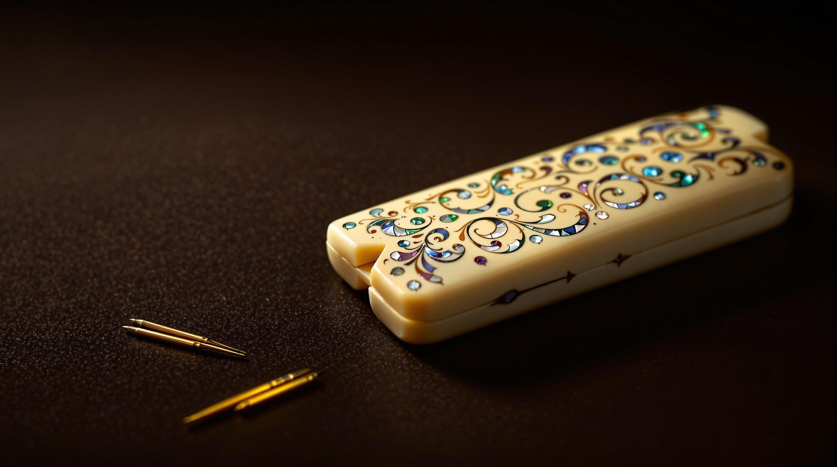 Close-up of antique bone and ivory sewing tools with detailed carvings