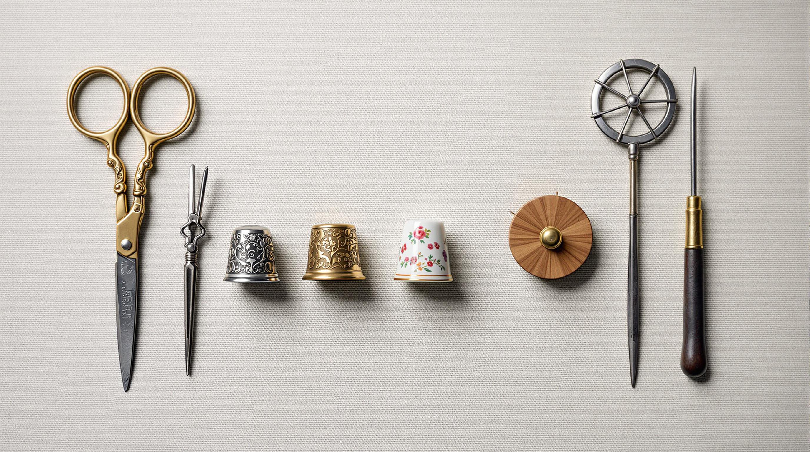 Collection of Victorian-era sewing tools with ornate designs and decorations