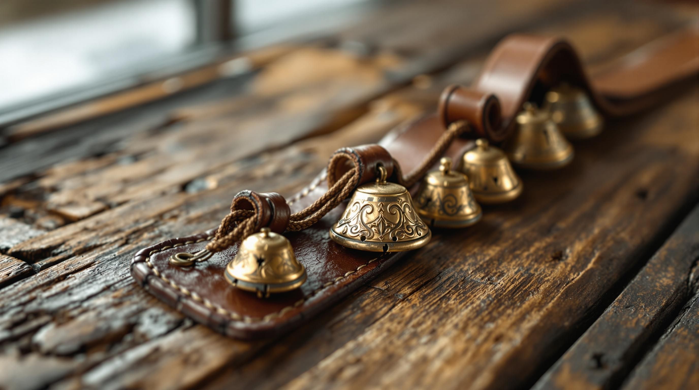 Collection of antique sleigh bells showing different styles and patinas