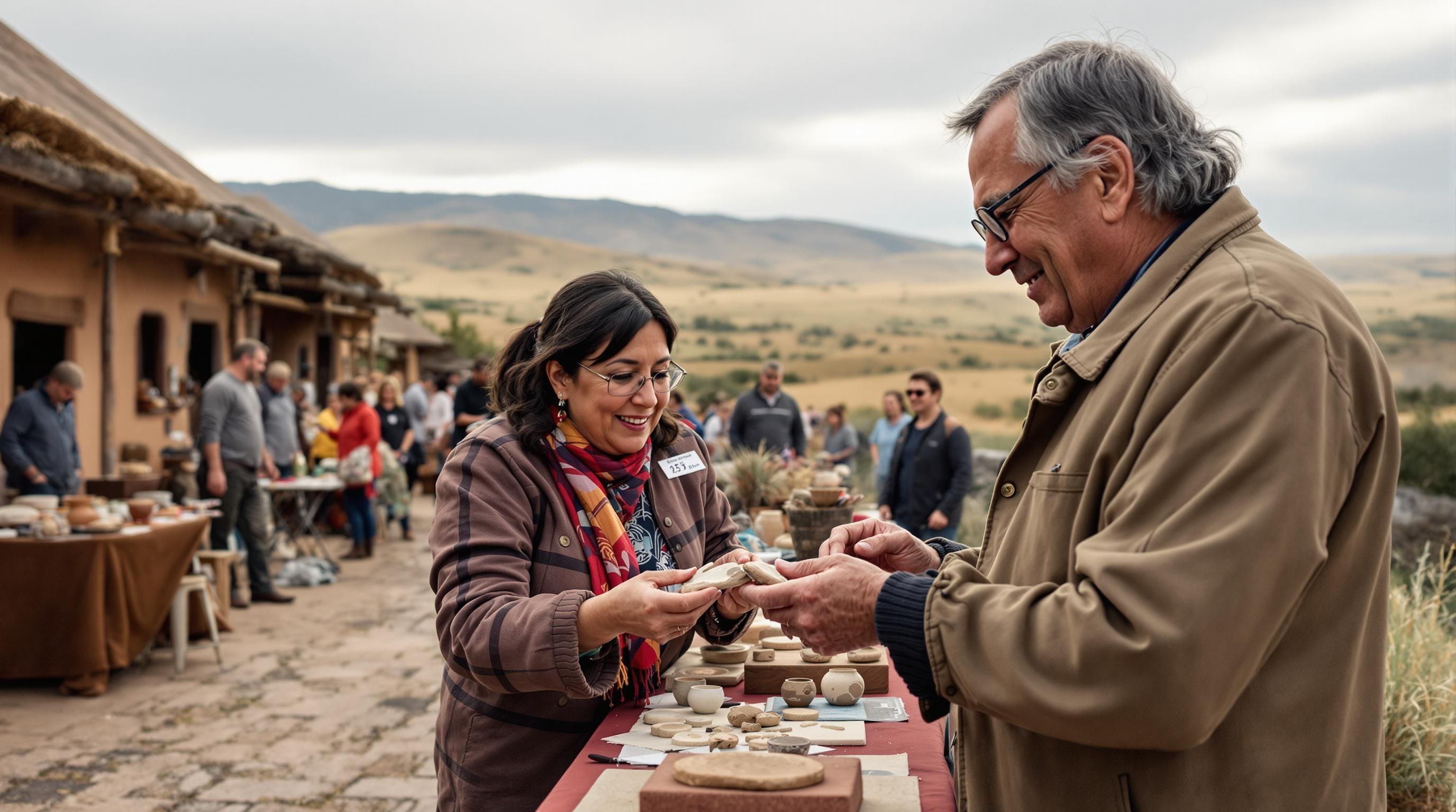 Various Native American artifacts including arrowheads and pottery fragments laid out for appraisal