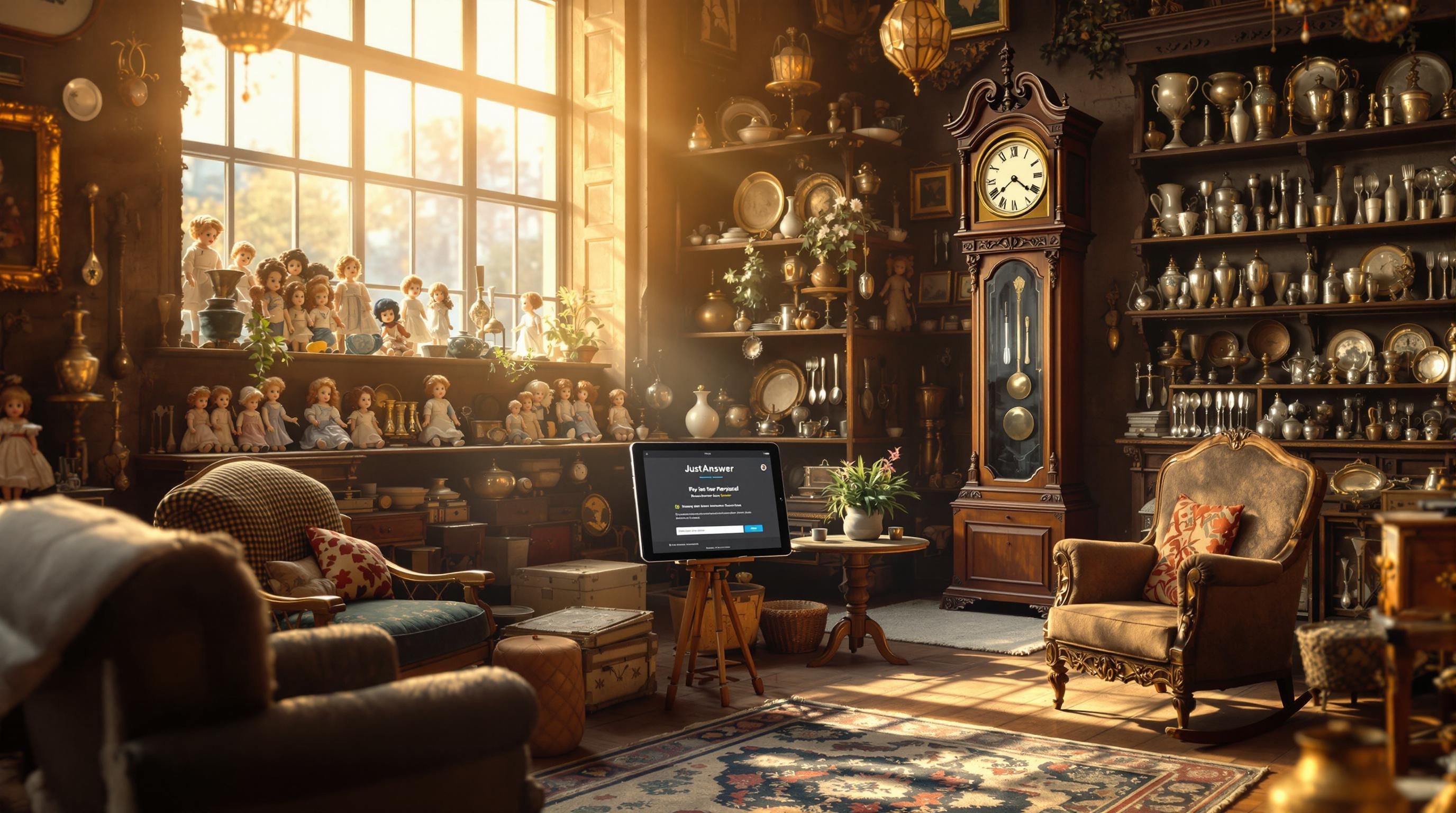 JustAnswer online antique appraisal interface with expert evaluating vintage collectibles