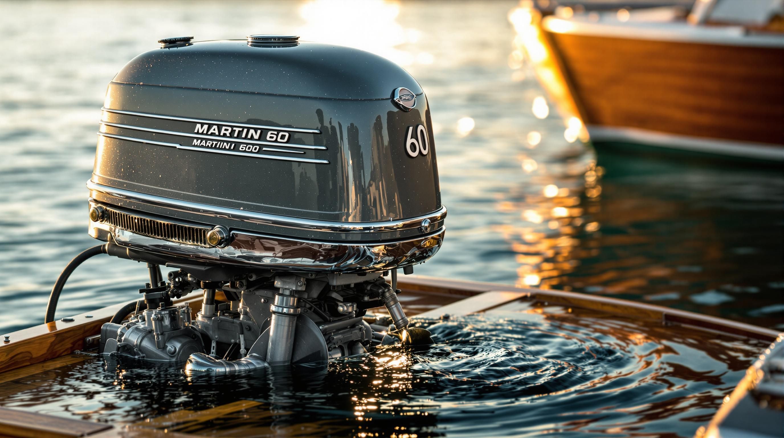Restored vintage Martin 60 outboard motor from late 1940s with distinctive poppet valve intake system