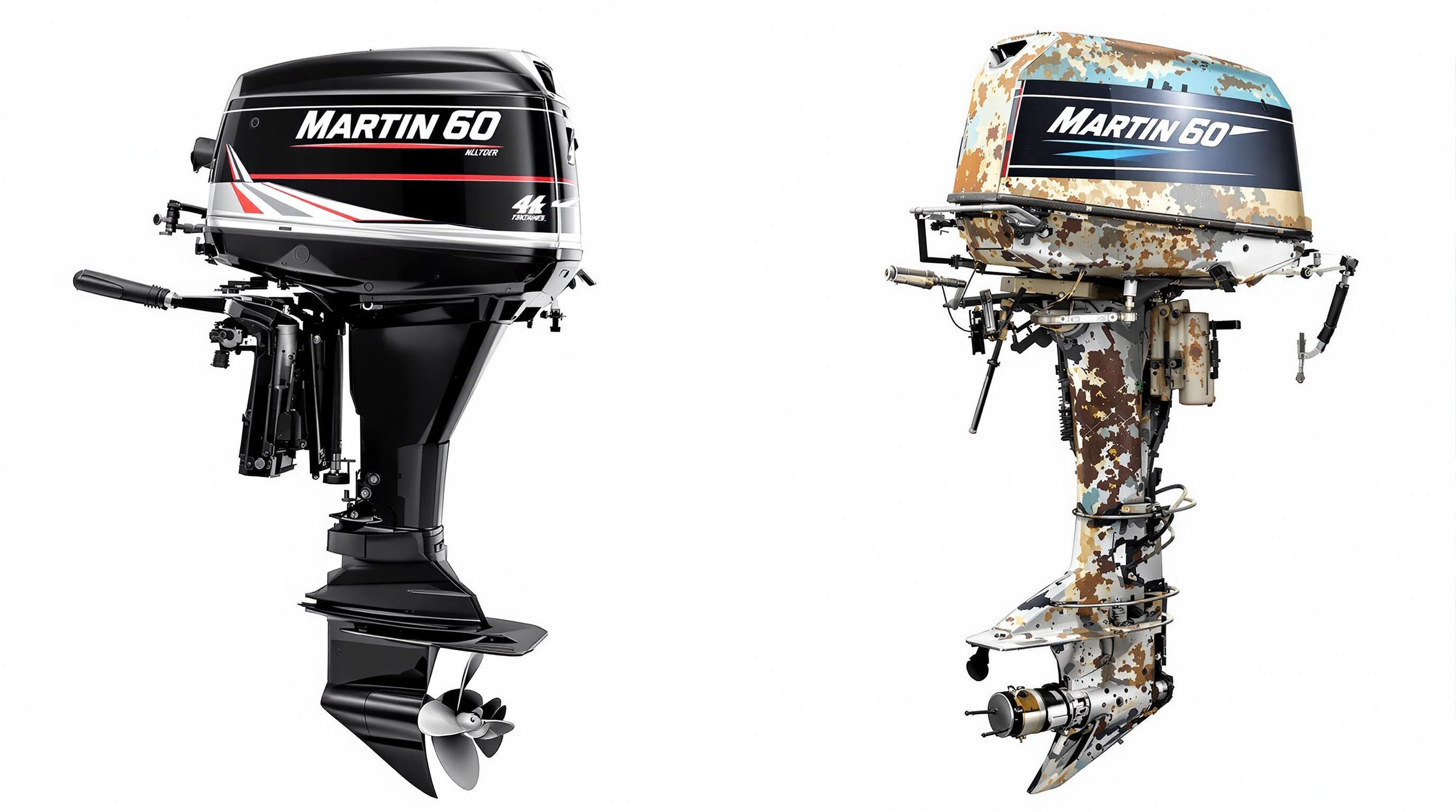 A Martin 60 outboard motor at a vintage boat show or auction display