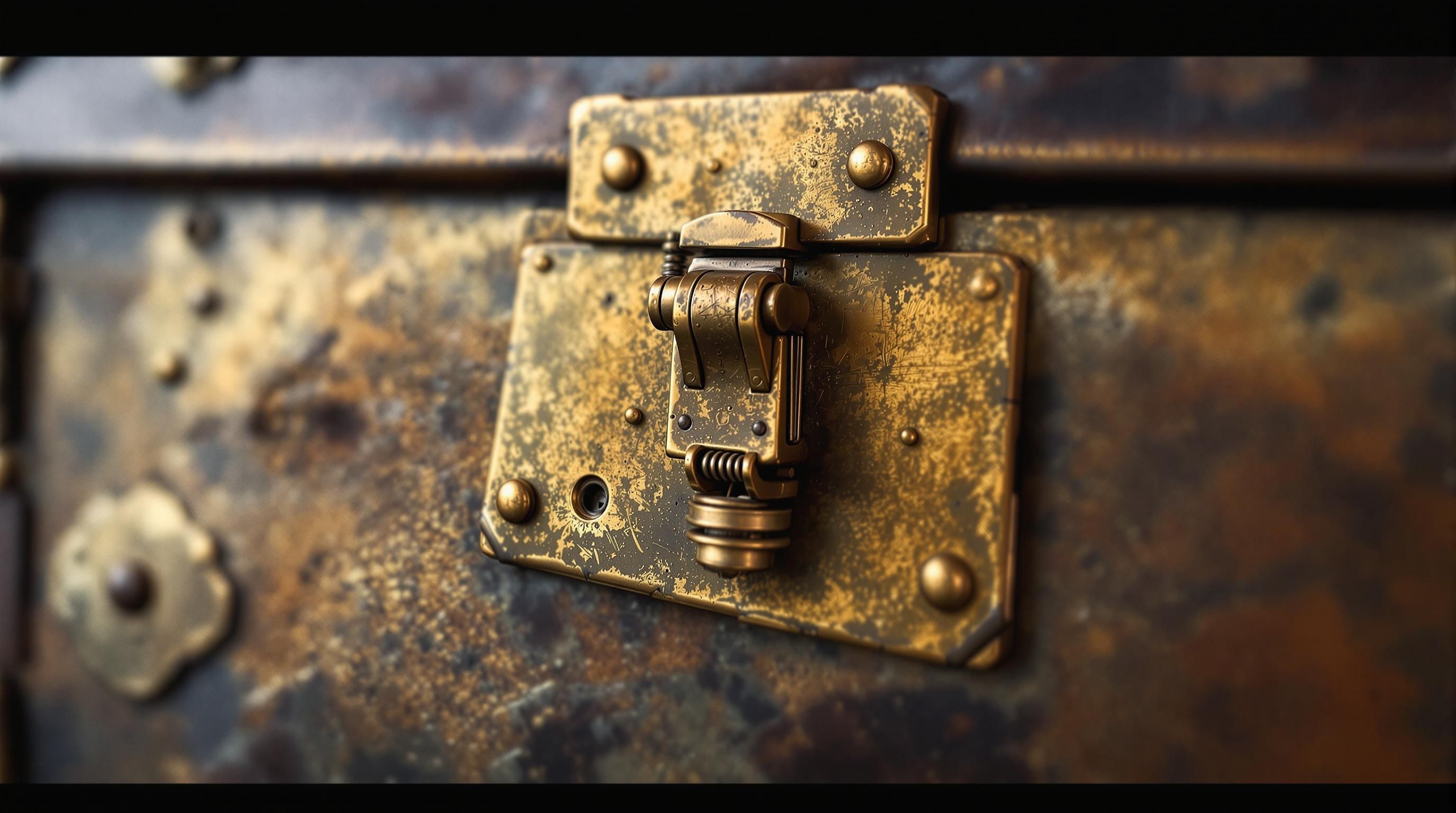 Vintage metal steamer trunk with ornate hardware, lock mechanism and decorative rivets