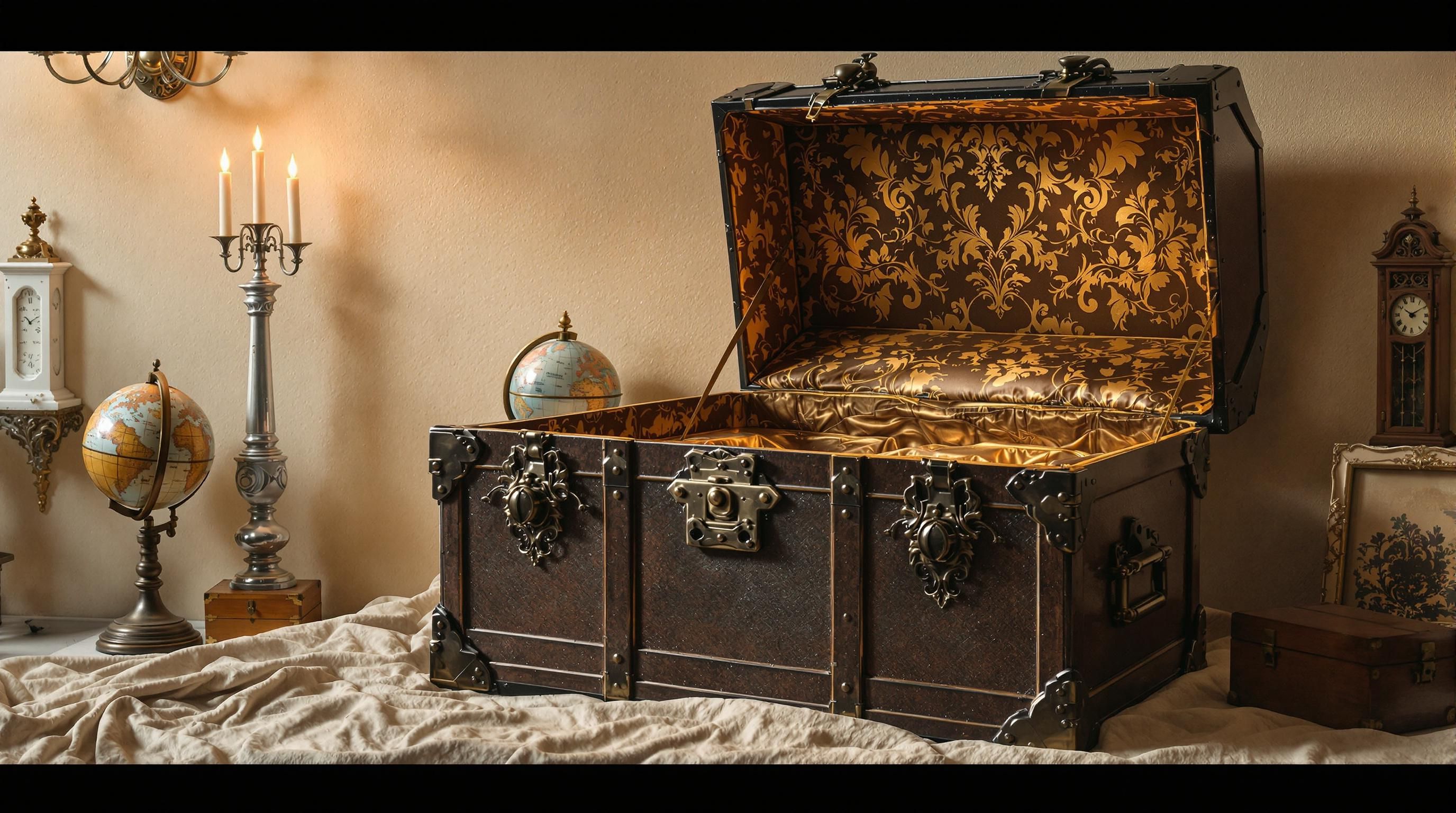 Ornate metal-covered antique trunk with decorative rivets and hardware