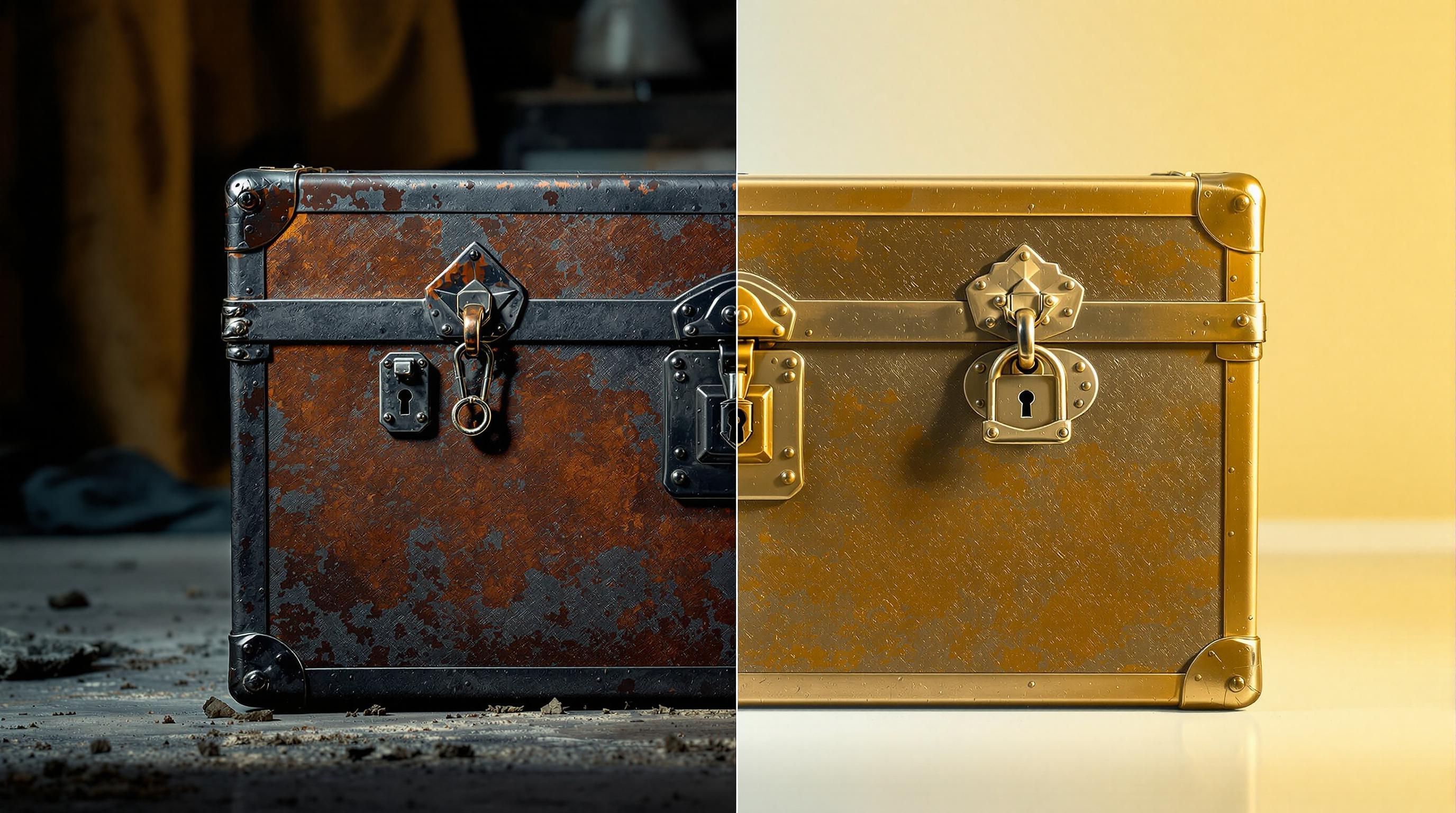 Close-up of antique trunk metal hardware including latches and corner protectors