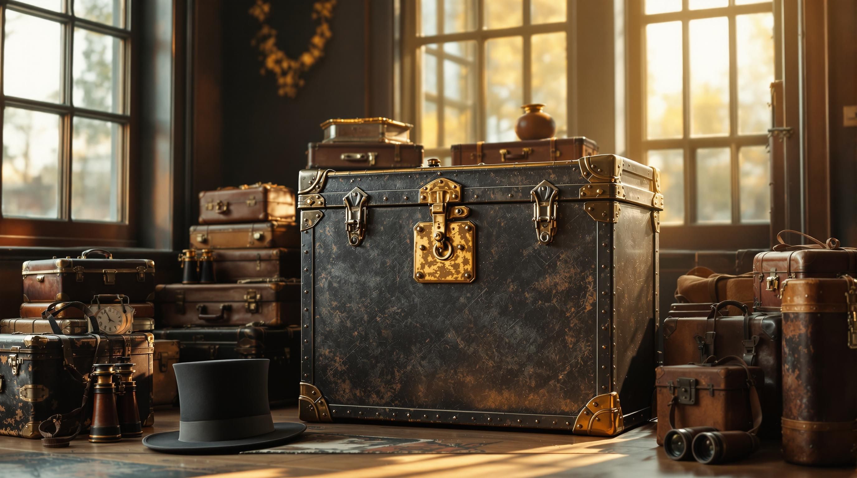 Inside view of antique trunk showing paper lining and compartments