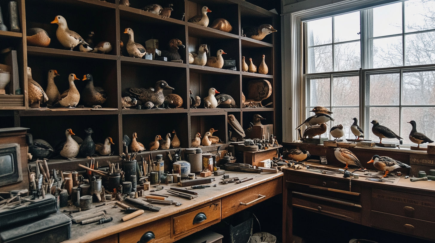 Collection of duck decoys representing different regional carving styles