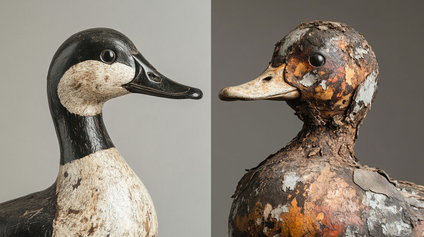 Close view of an antique duck decoy showing patina and original paint
