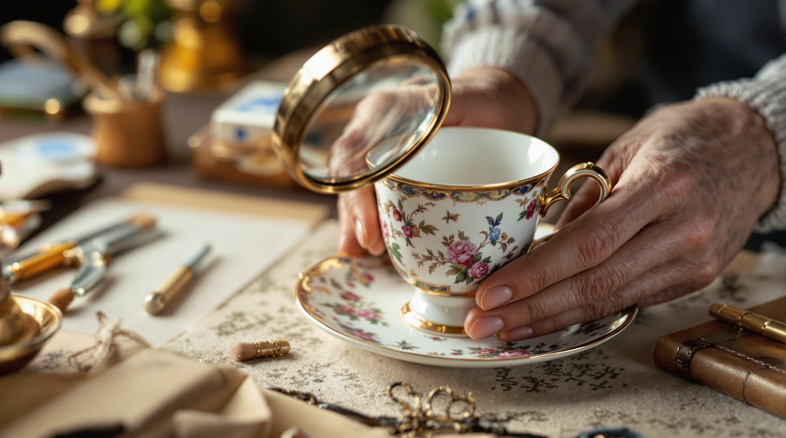 Professional antique identification process showing vintage items being examined with magnifying glass and reference materials