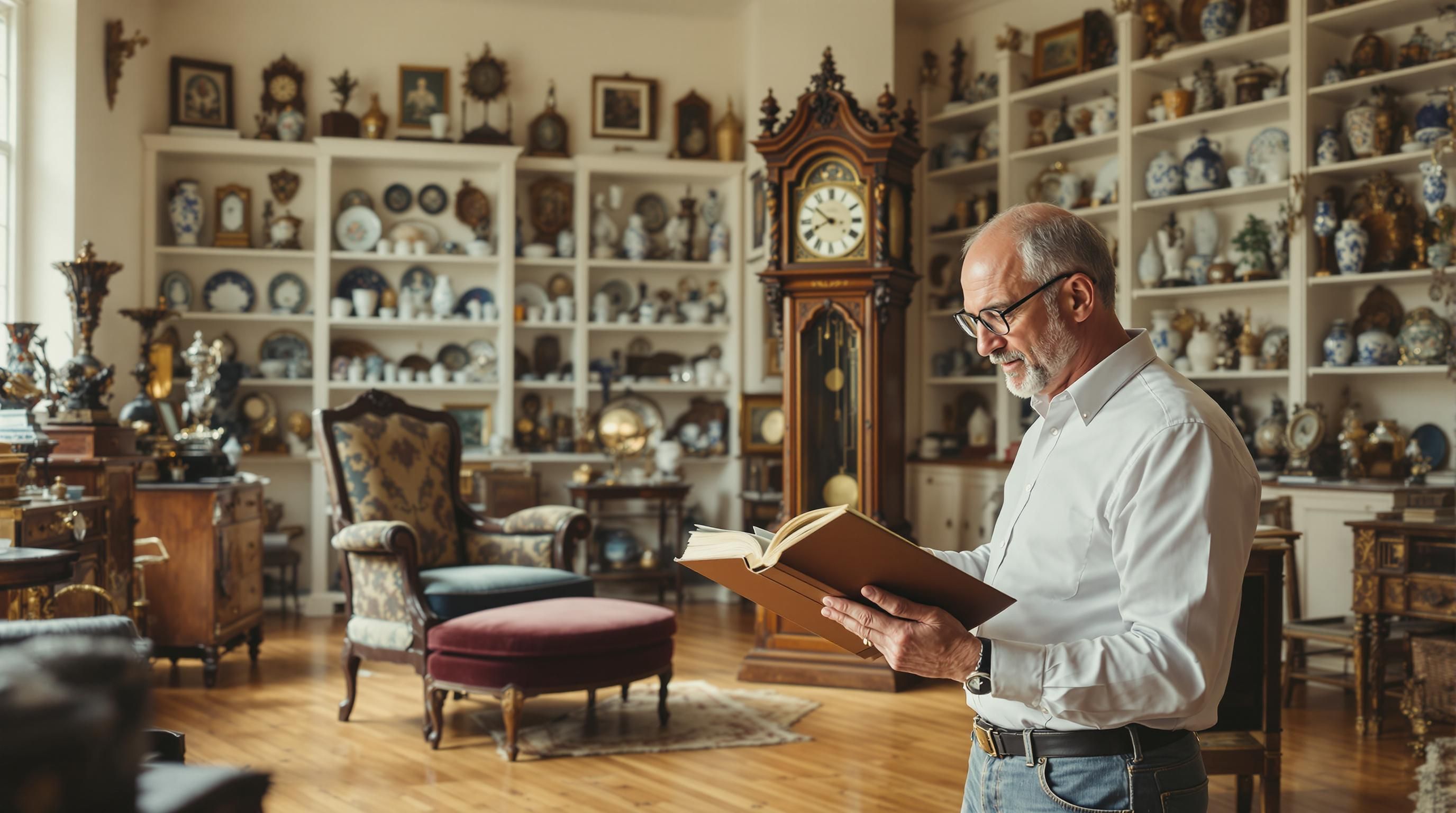 Collection of various antique items including furniture, porcelain, and decorative objects with identification tags