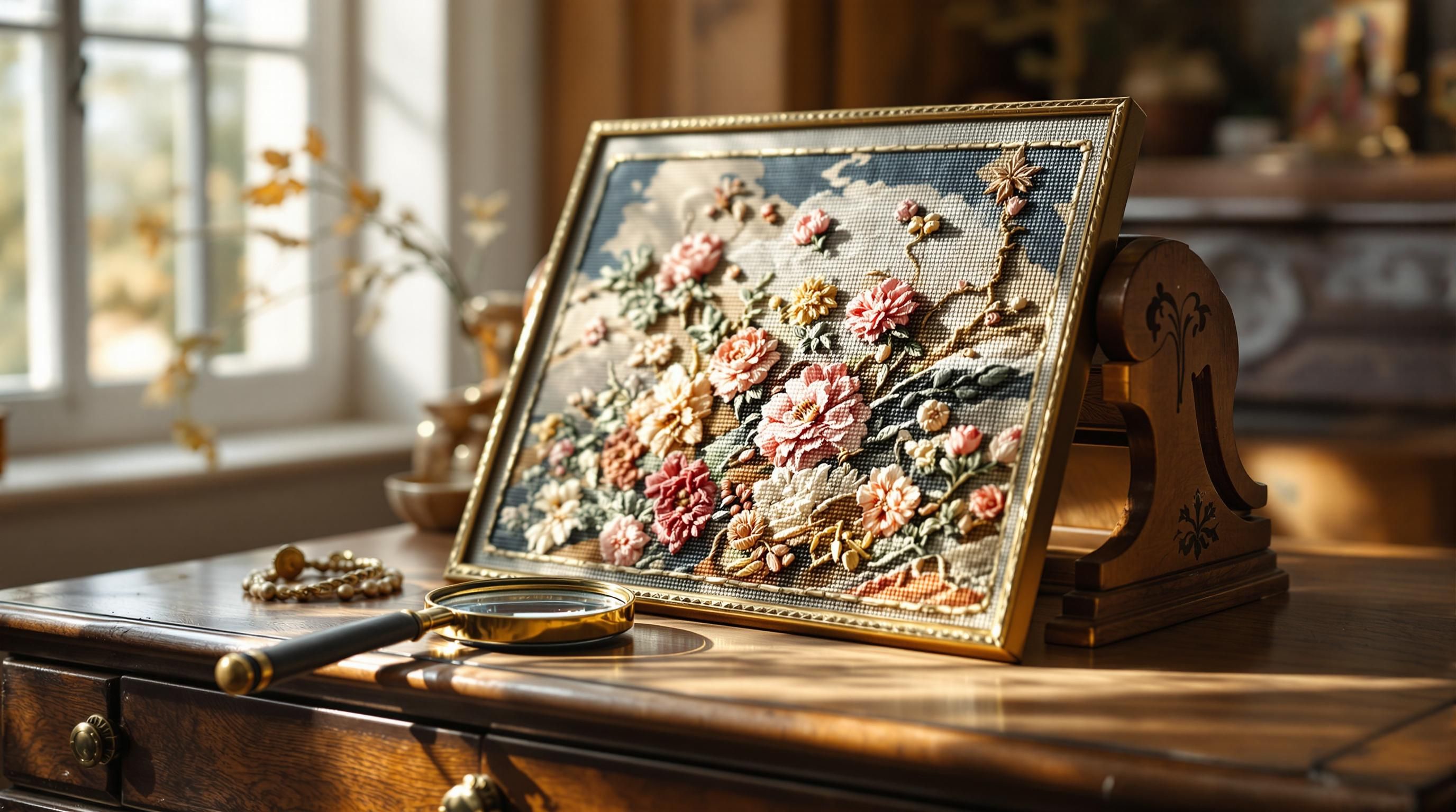 Vintage framed needlepoint artwork featuring intricate floral design with vibrant colors and detailed stitchwork