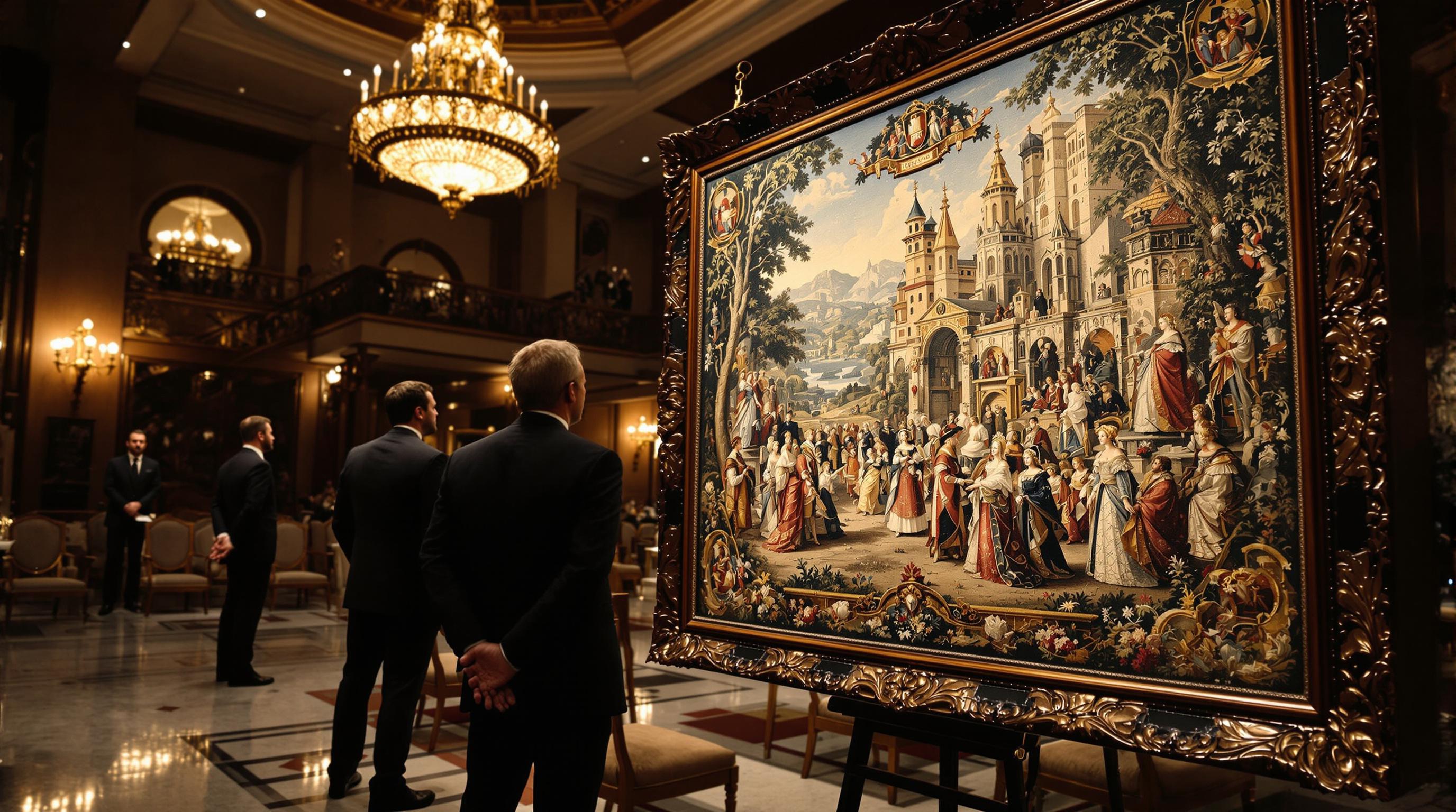 Vintage needlepoint artwork featuring a hunt scene in ornate gold frame