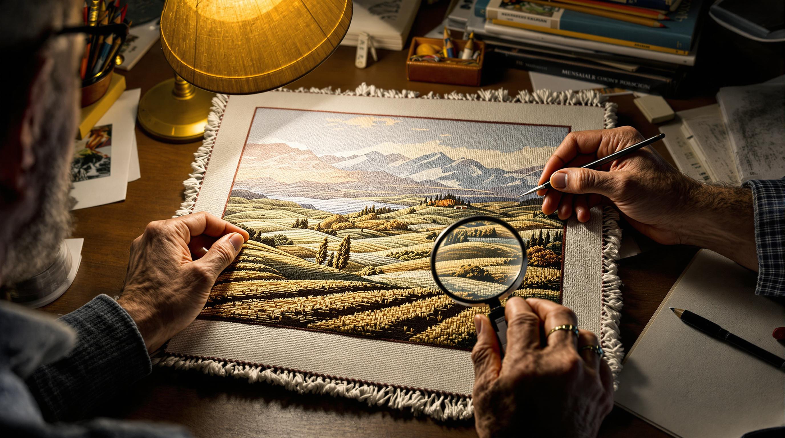 Close-up of detailed needlepoint stitching showing expert craftsmanship
