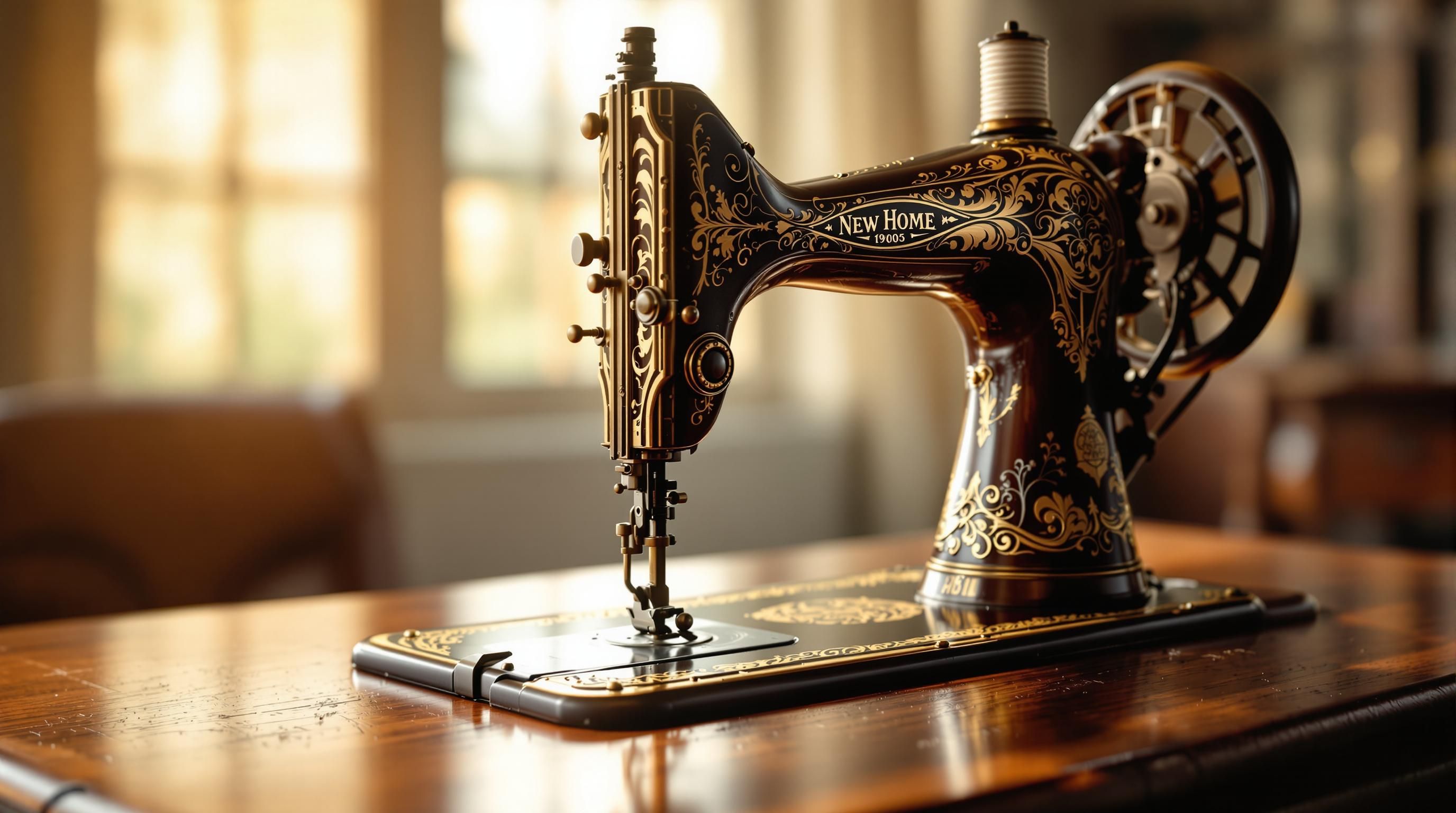 Ornate antique New Home sewing machine with decorative cast iron base and original wooden cabinet from early 1900s