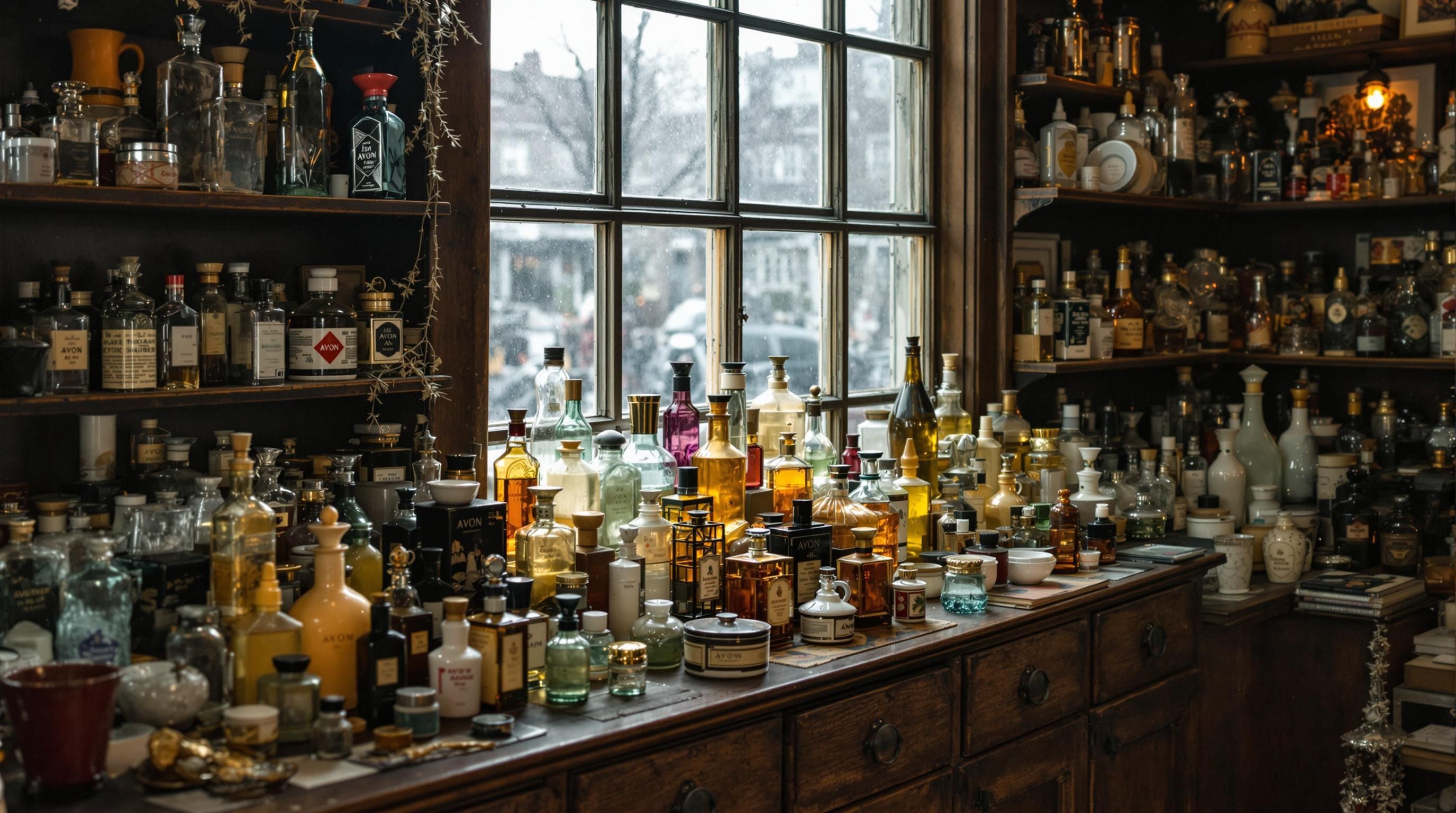 Rare vintage Avon perfume bottles displayed on shelf with price tags