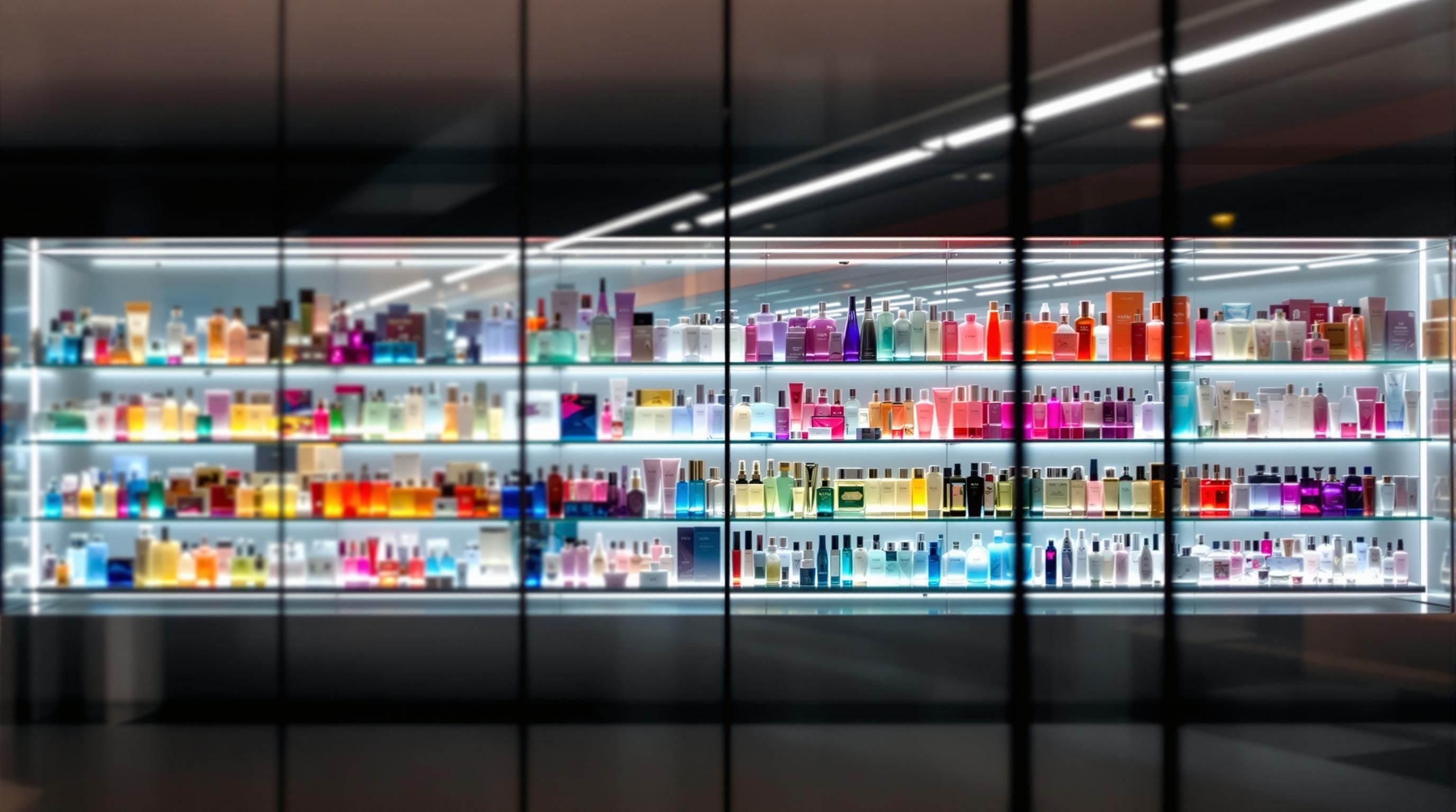 Display of Avon bottles arranged in a collection case with pricing information