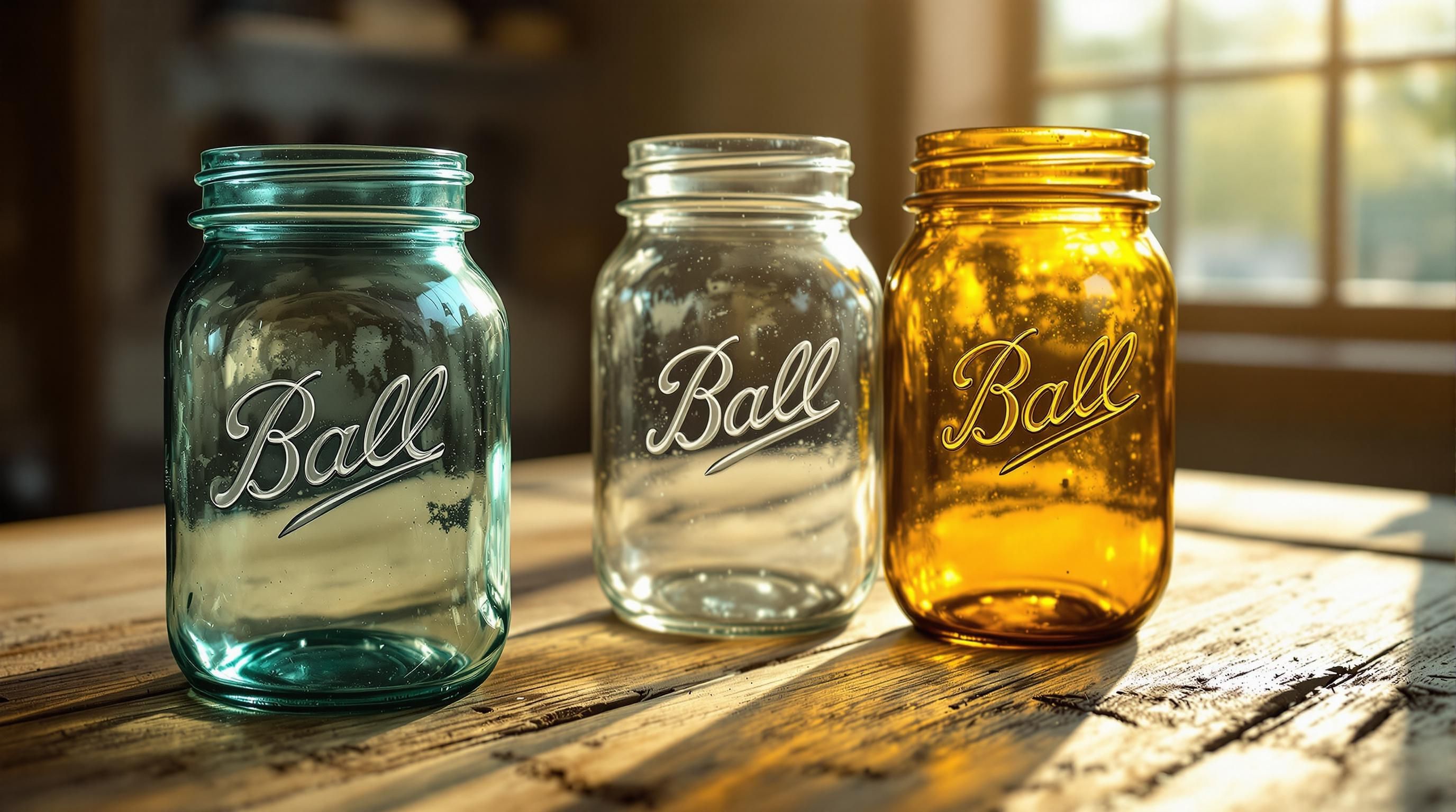 Vintage Ball Mason jars collection showing different colors, logos, and closure types from various eras