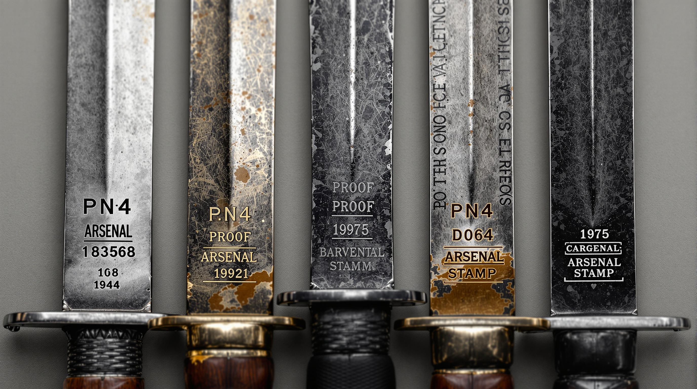 Collection of antique military bayonets from different eras displayed on a dark background