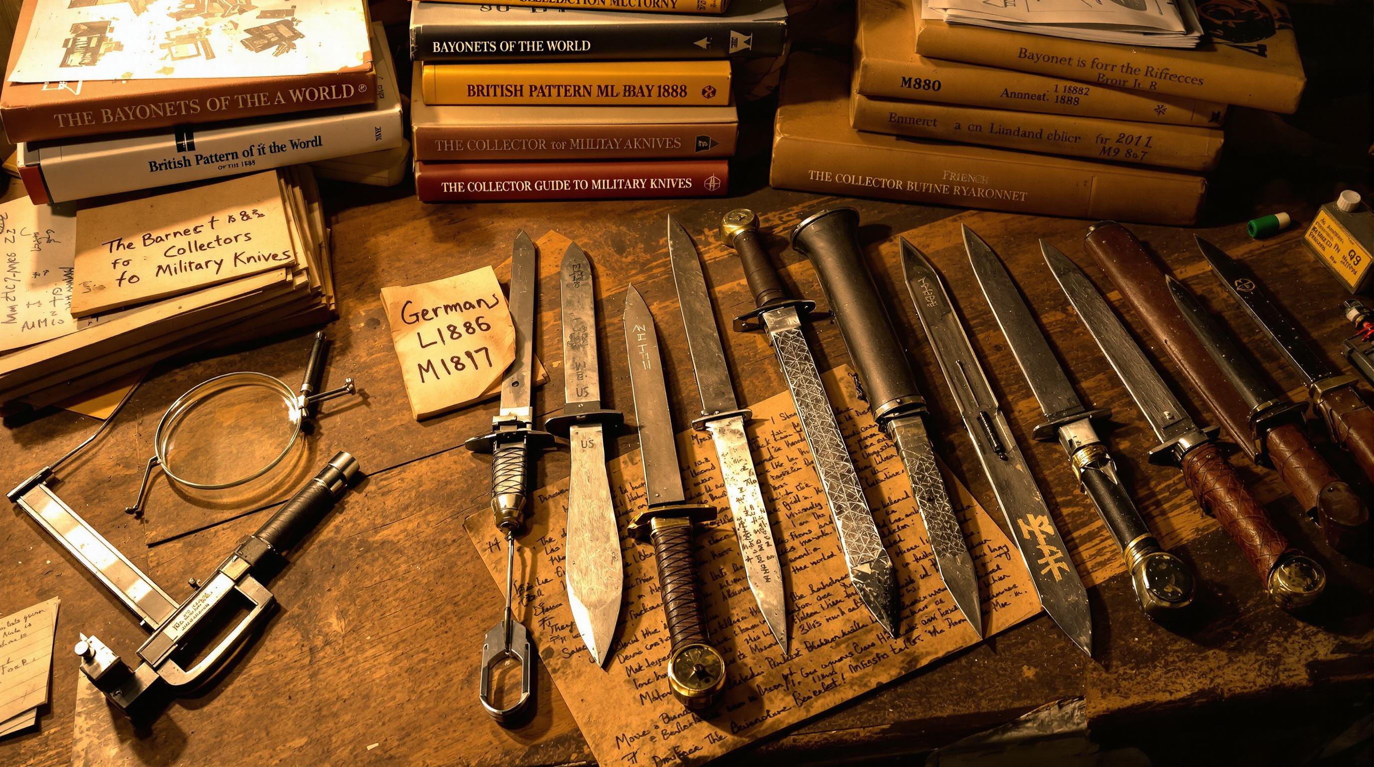 Various types of bayonets including socket, sword, knife, and spike designs