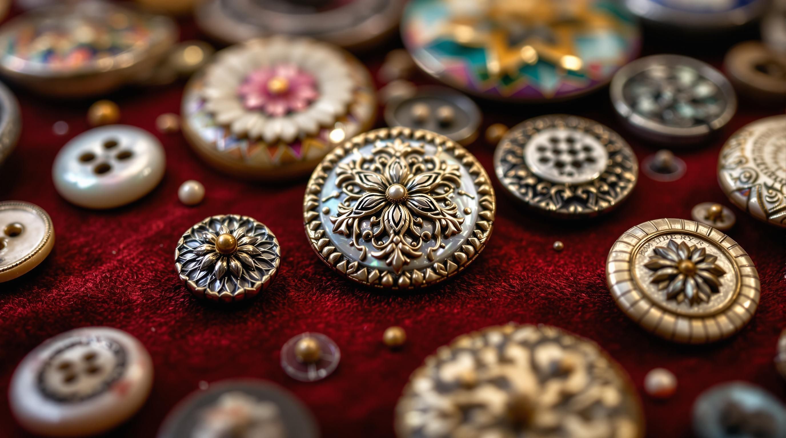 Collection of antique and vintage buttons showing various materials and designs