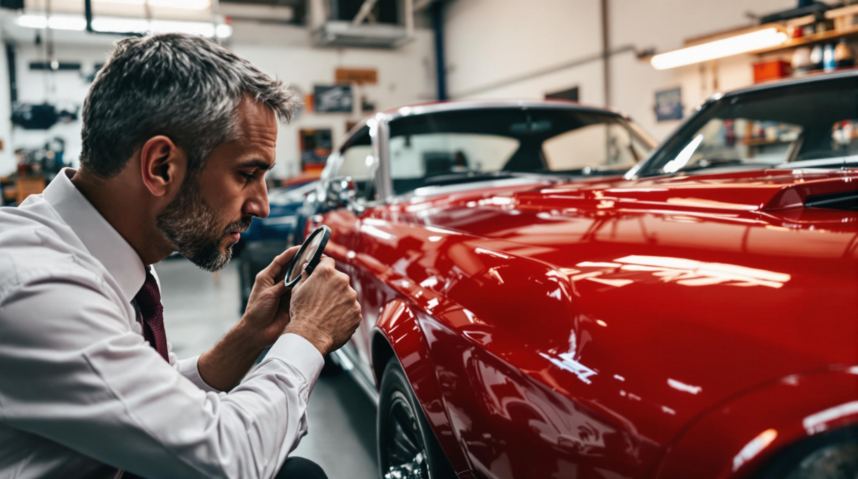 Vintage red classic car being evaluated by a professional appraiser for valuation