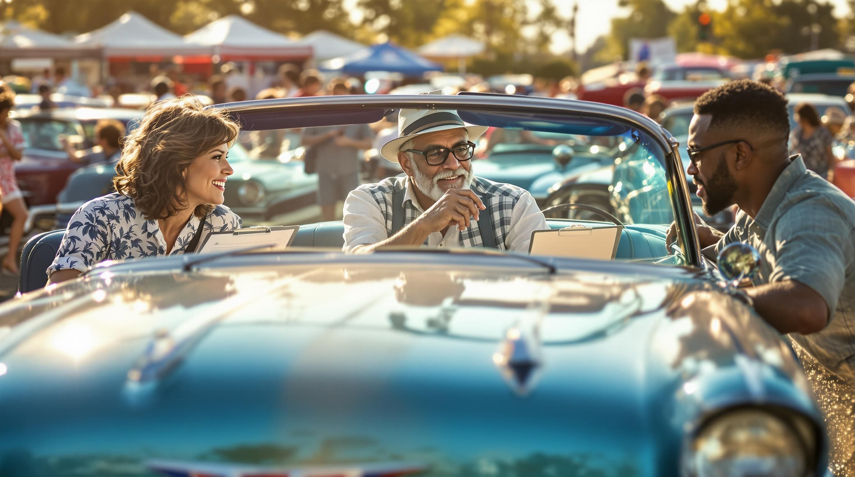 A professional appraiser inspecting the engine of a classic car