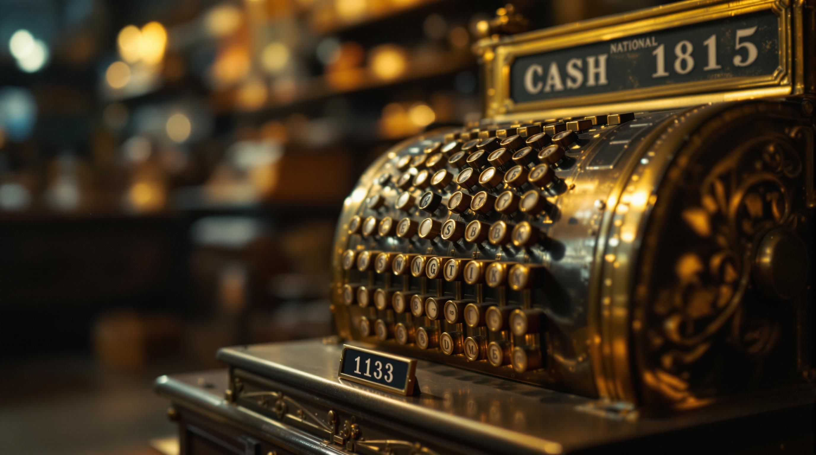 Ornate brass National Cash Register from early 1900s with detailed metalwork and numerical keys