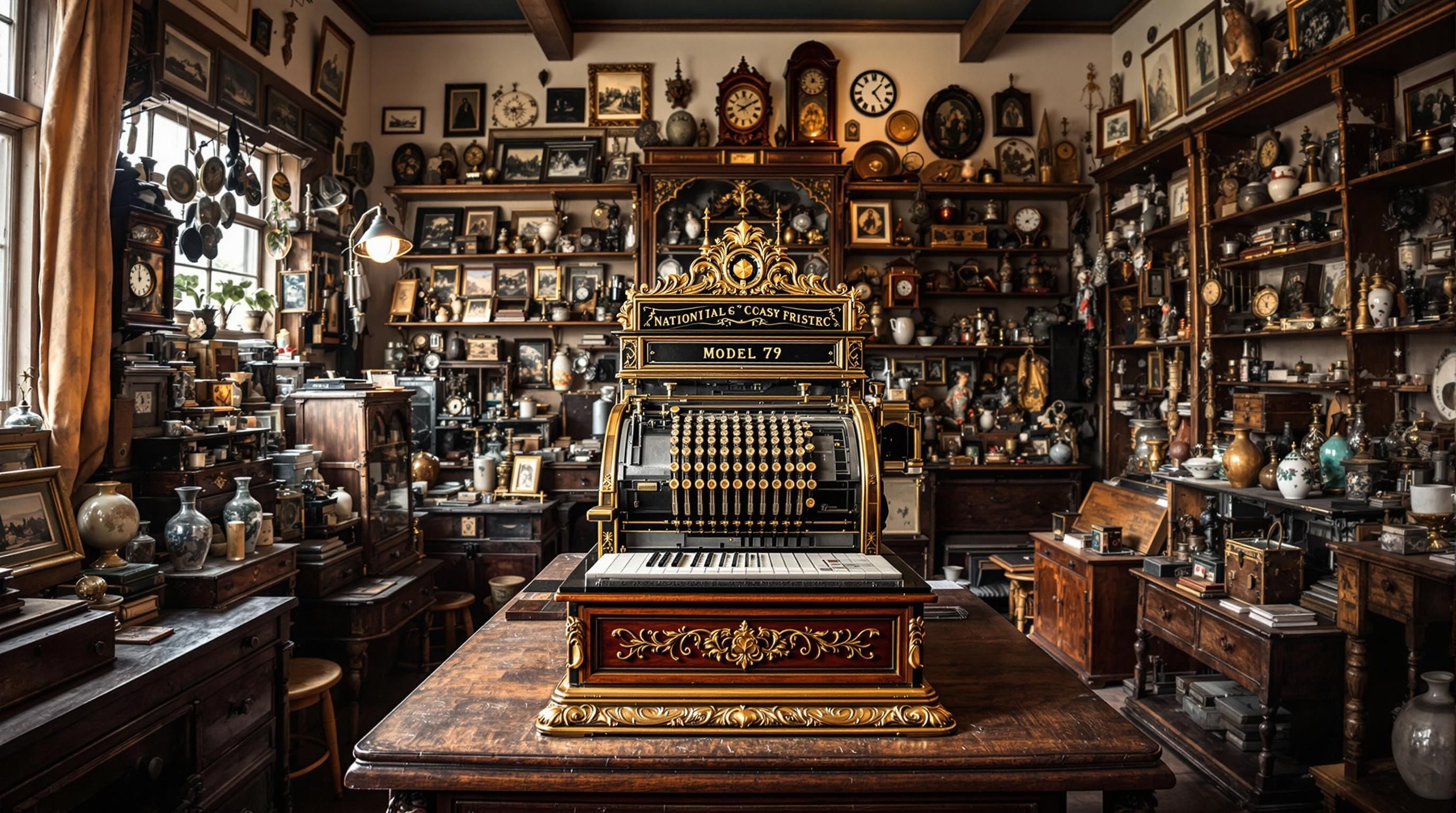 Ornate antique National Cash Register model with brass finish and detailed keytops