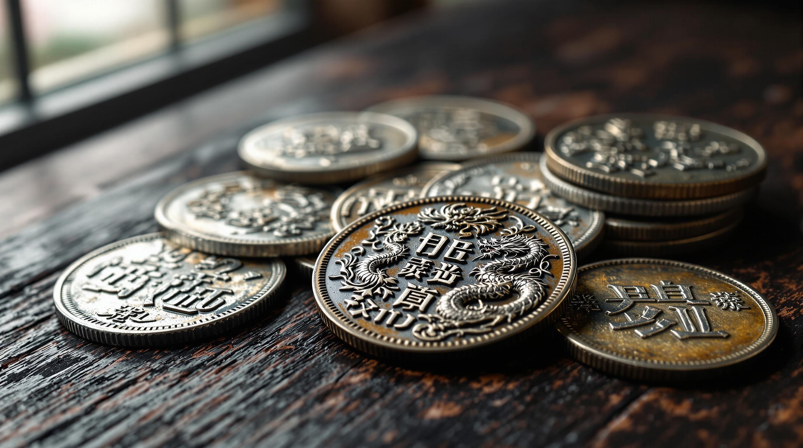 Rare antique Chinese silver coins featuring Dragon Dollars and Republic-era designs with imperial symbols
