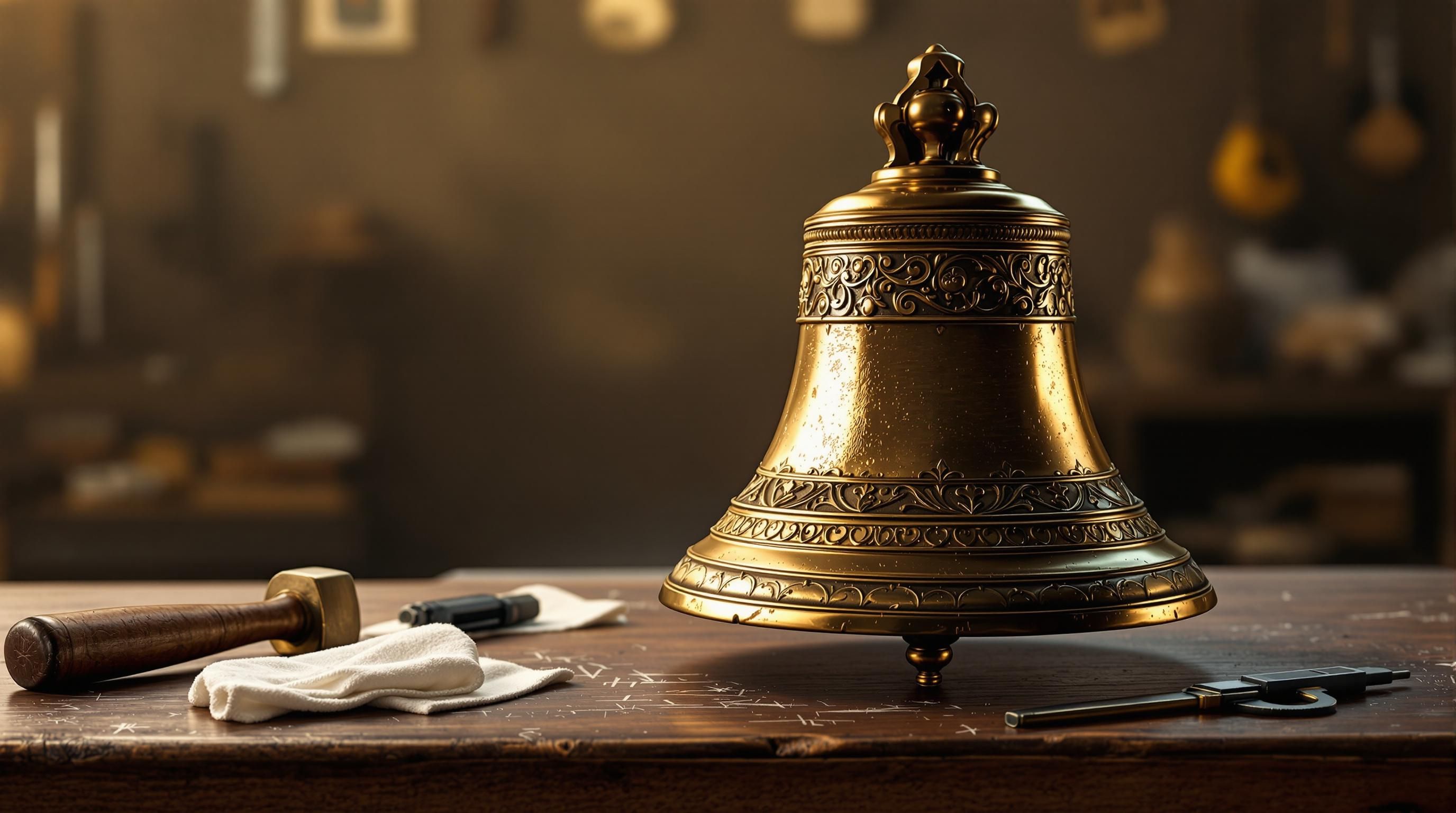 Weathered antique church bell showing patina and foundry markings