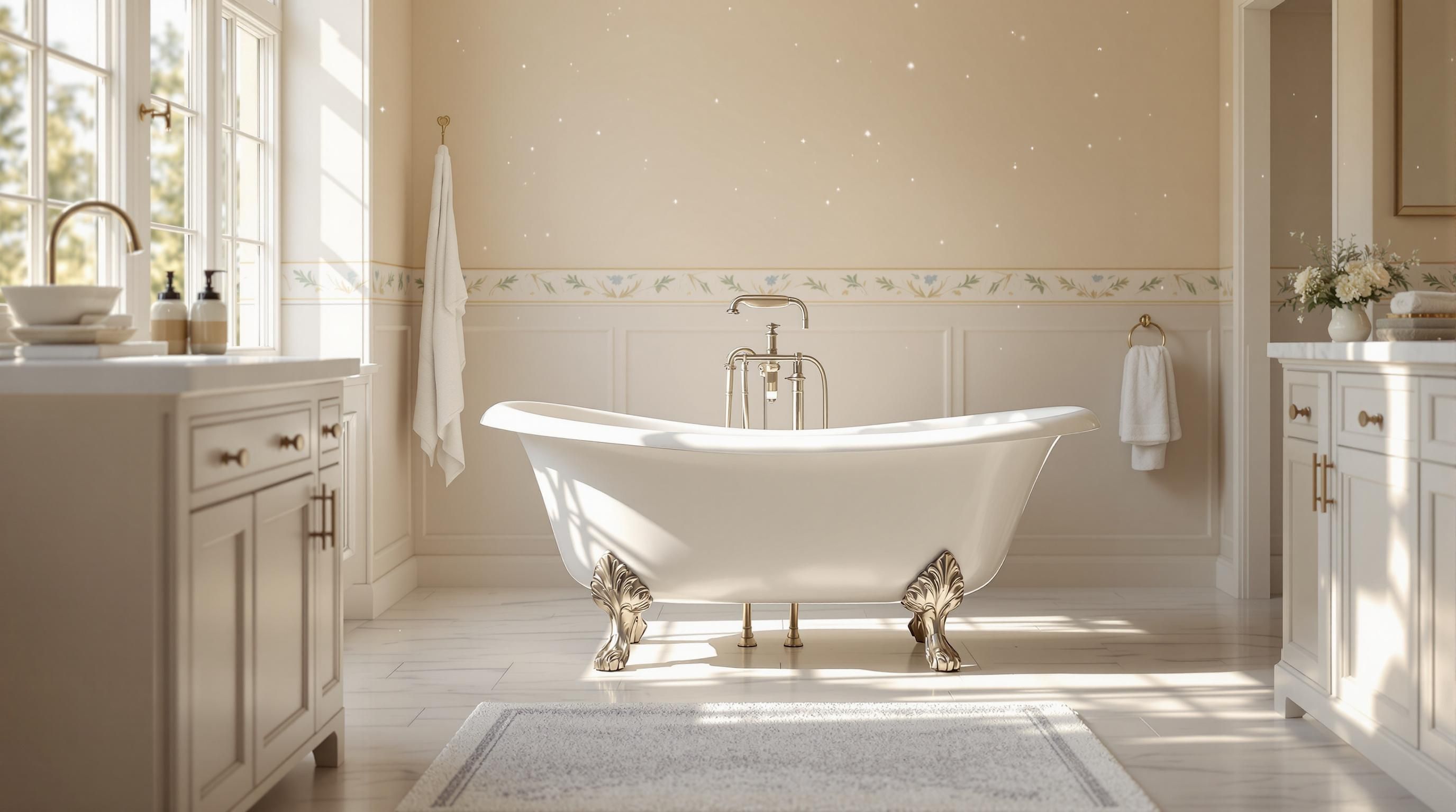 Restored antique cast iron clawfoot bathtub with ornate Victorian feet and pristine white porcelain interior