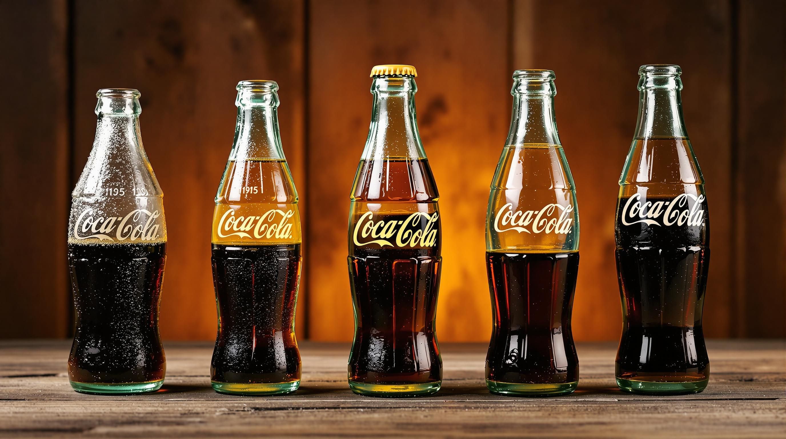 Collection of vintage Coca-Cola bottles showing different styles and eras