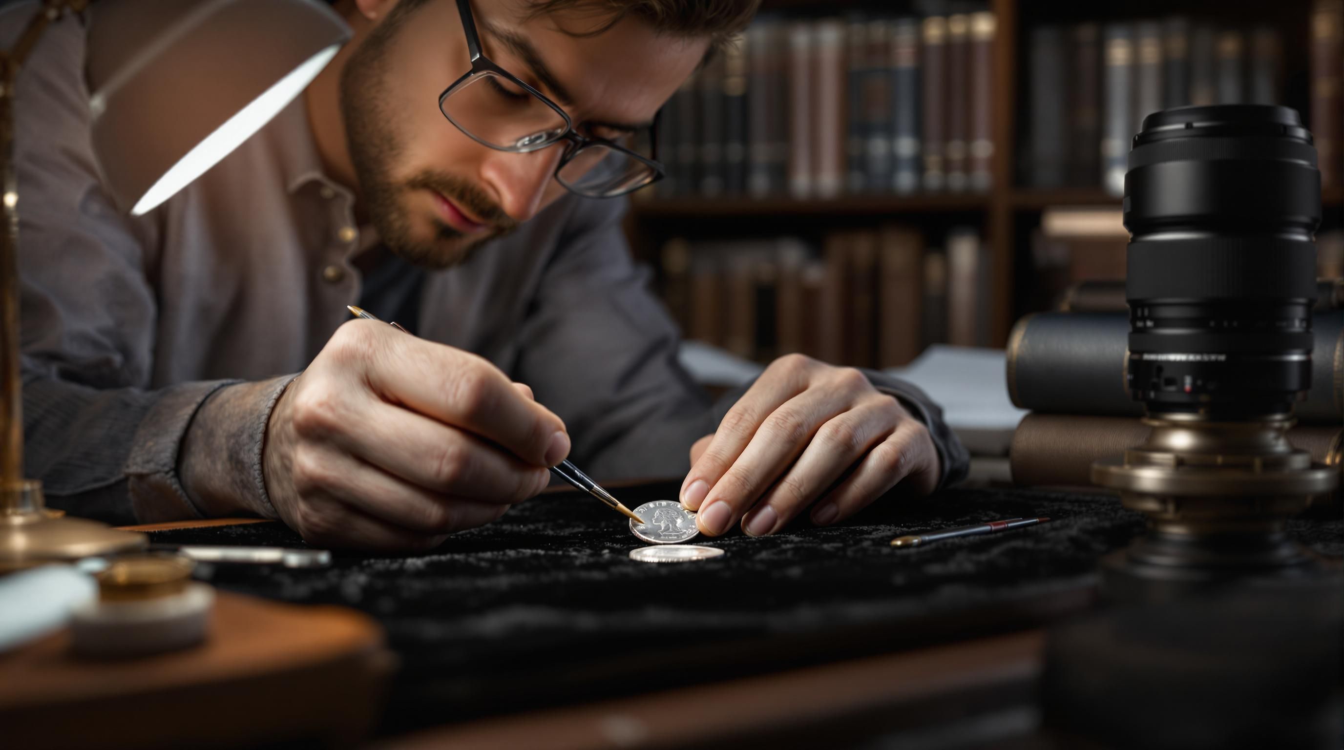 Expert numismatist conducting detailed examination of rare antique coins with specialized magnifying equipment