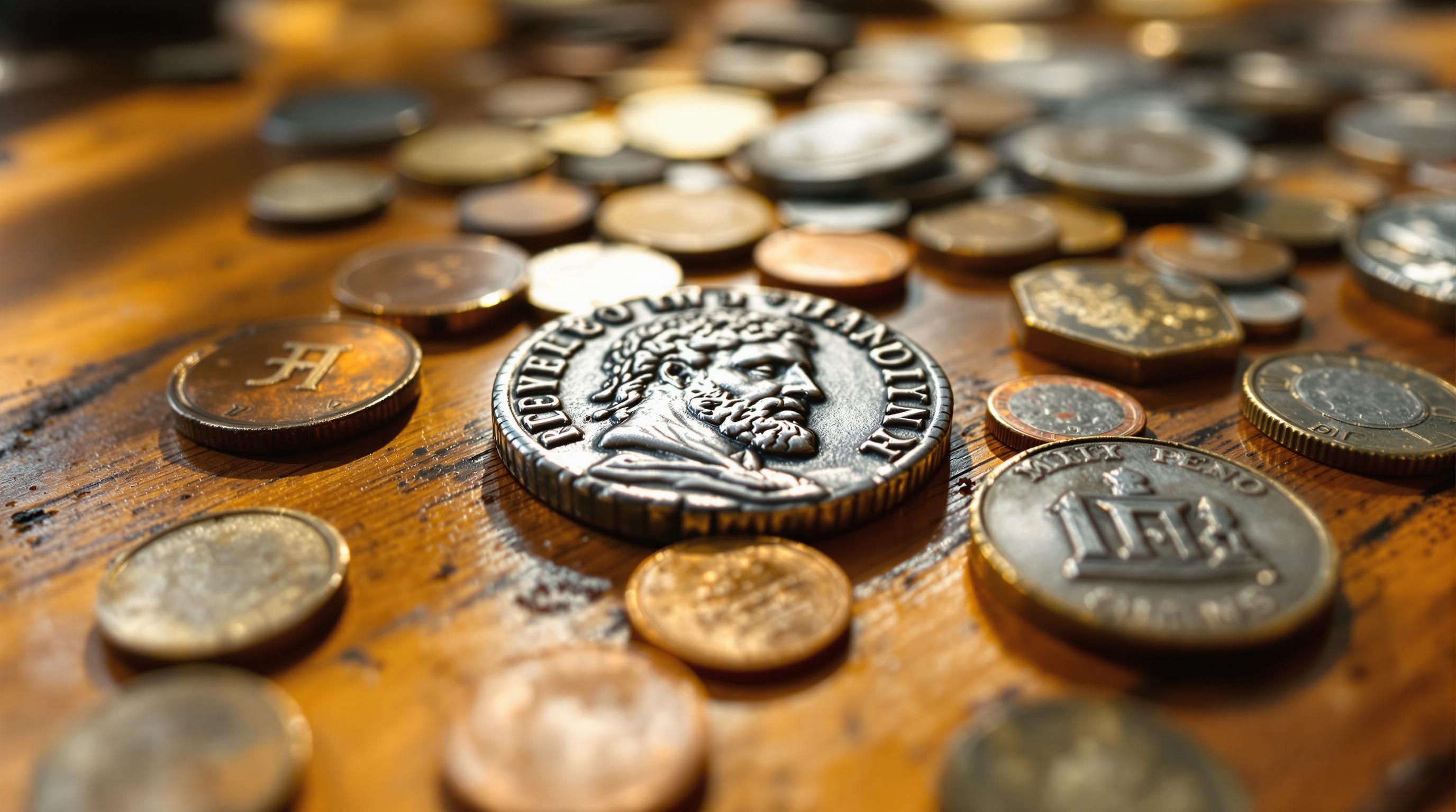 Close-up of rare gold and silver old coins showing various grades and conditions