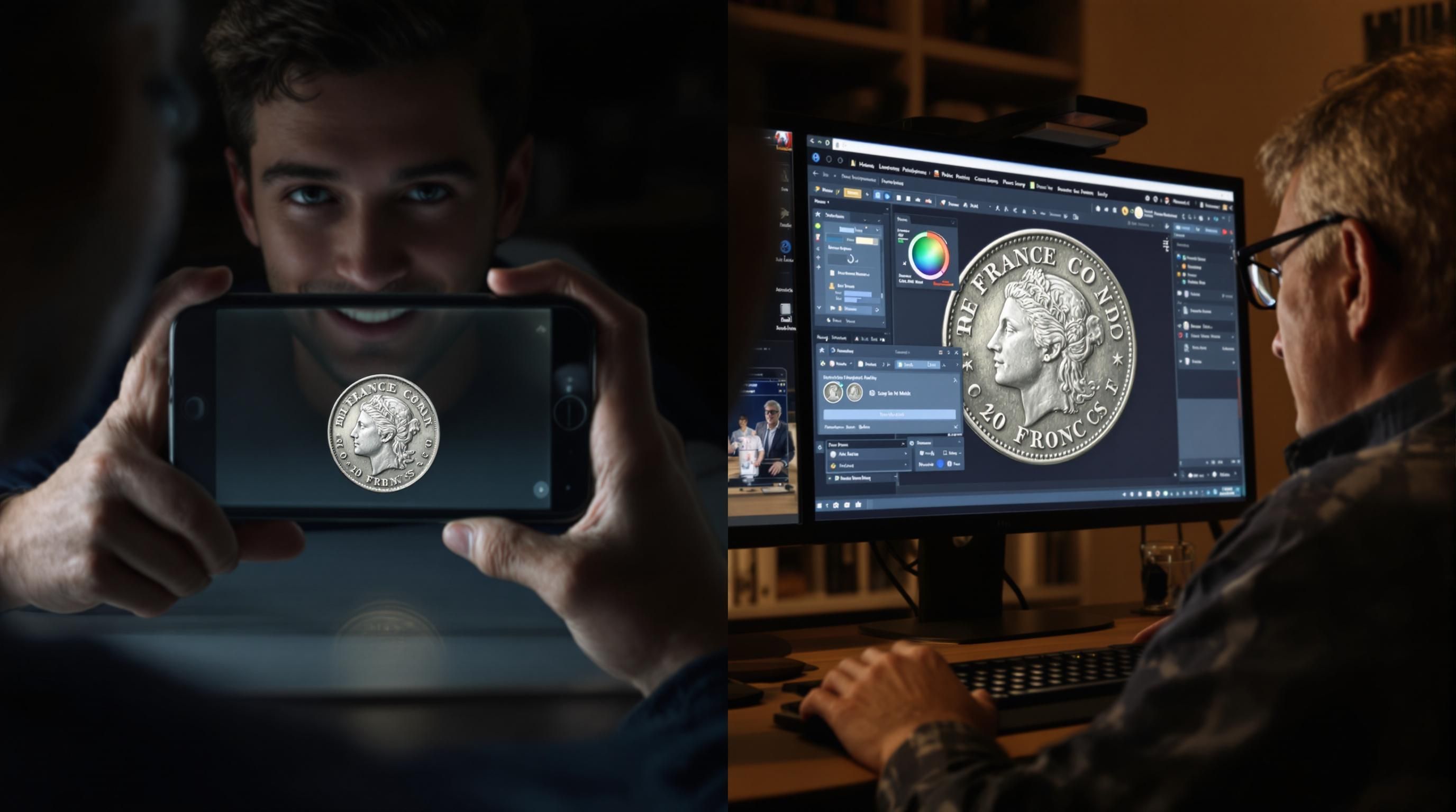 Professional numismatist appraising old coins with specialized equipment and reference materials