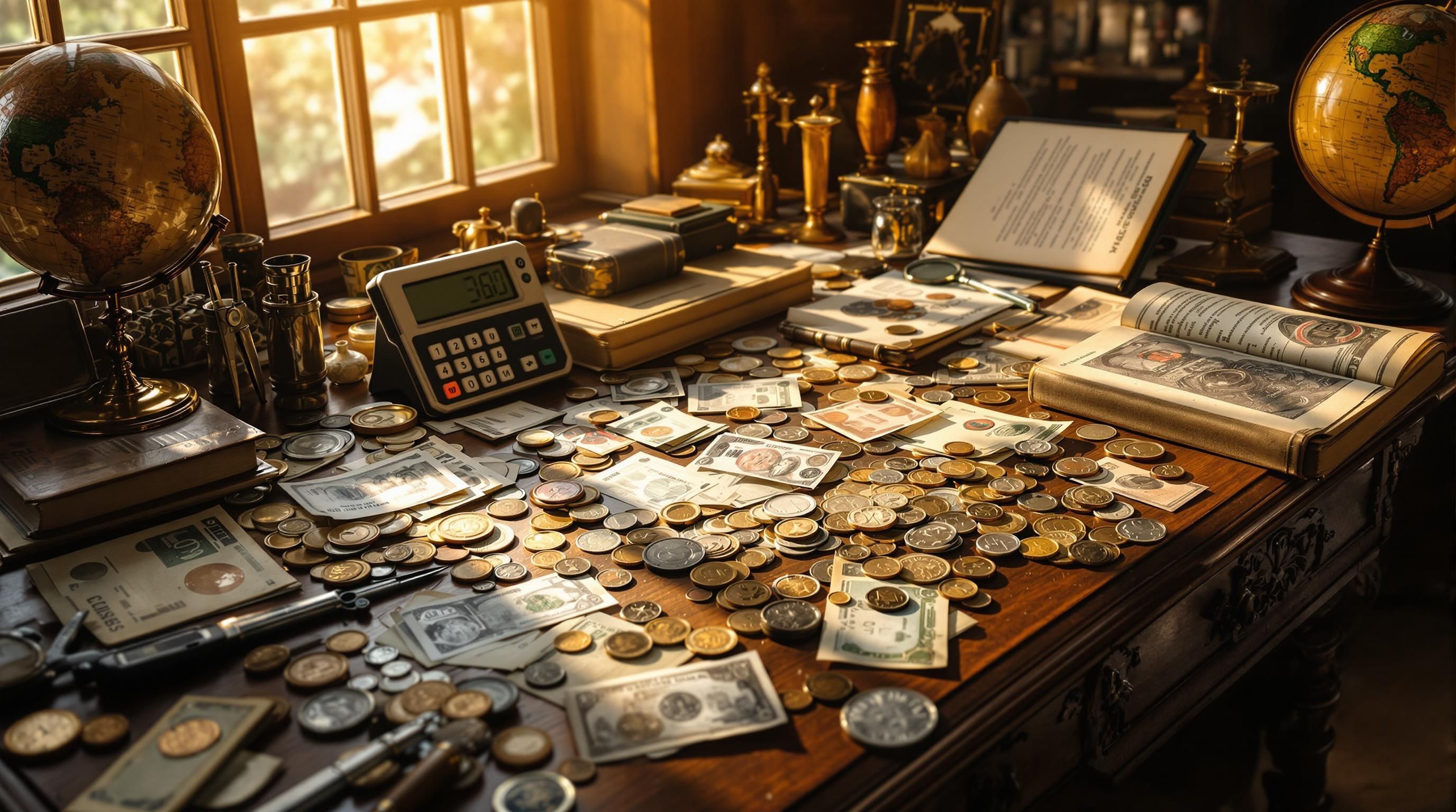 Various denominations of old currency with price tags showing their appraised values