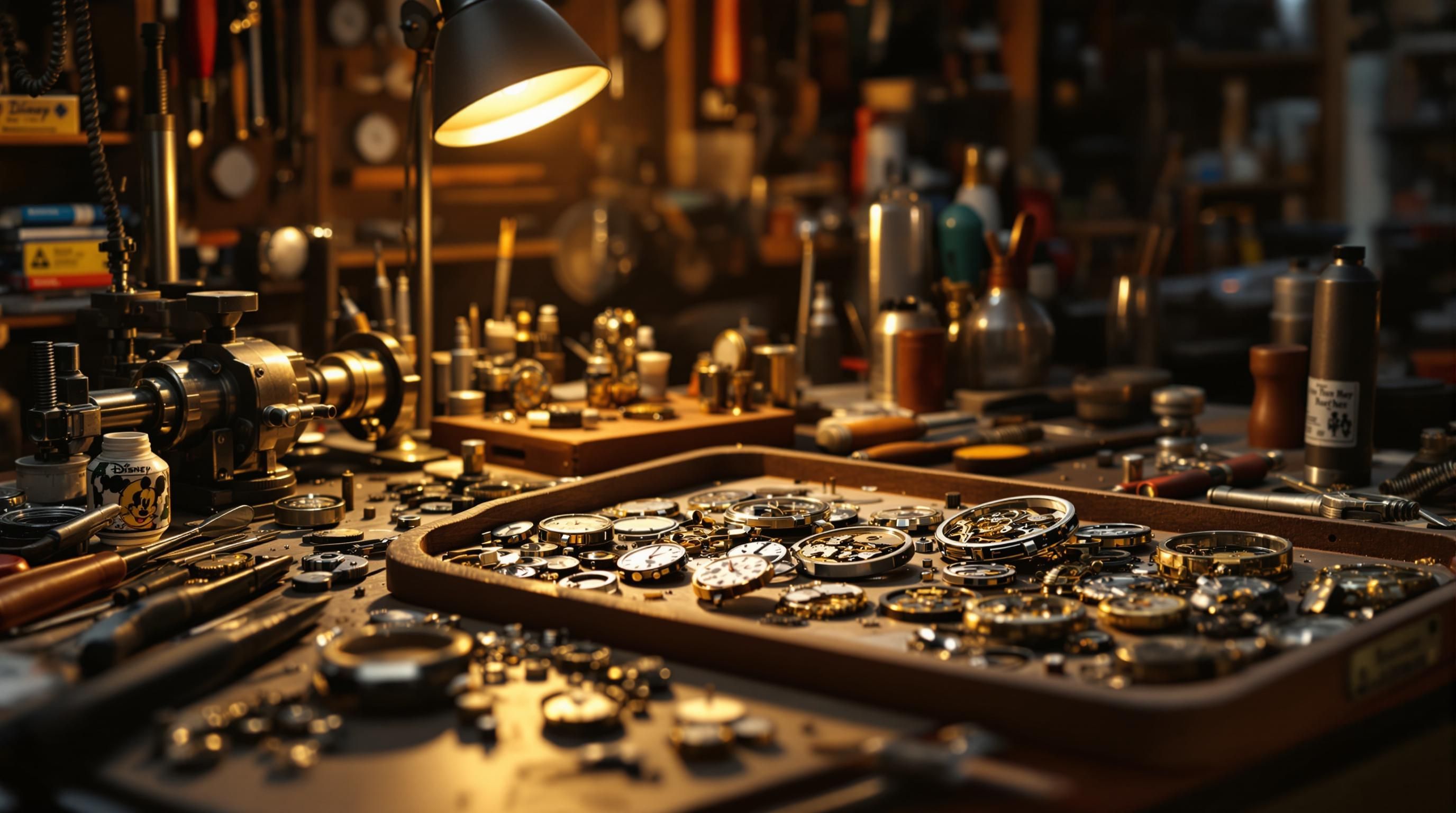 Different models of collectible Disney watches showing variations in design, characters, and time periods