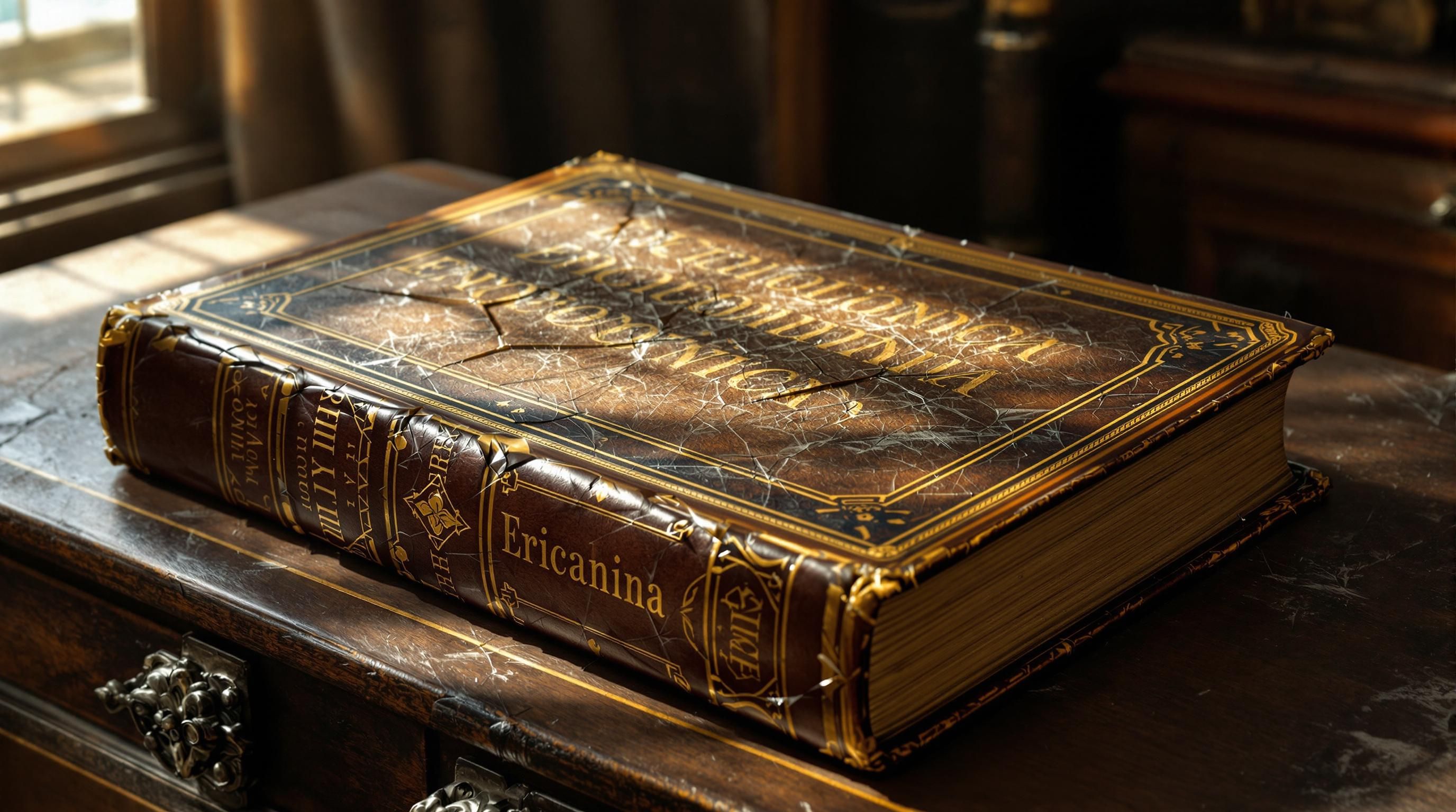 Vintage encyclopedia set with leather binding on wooden bookshelf