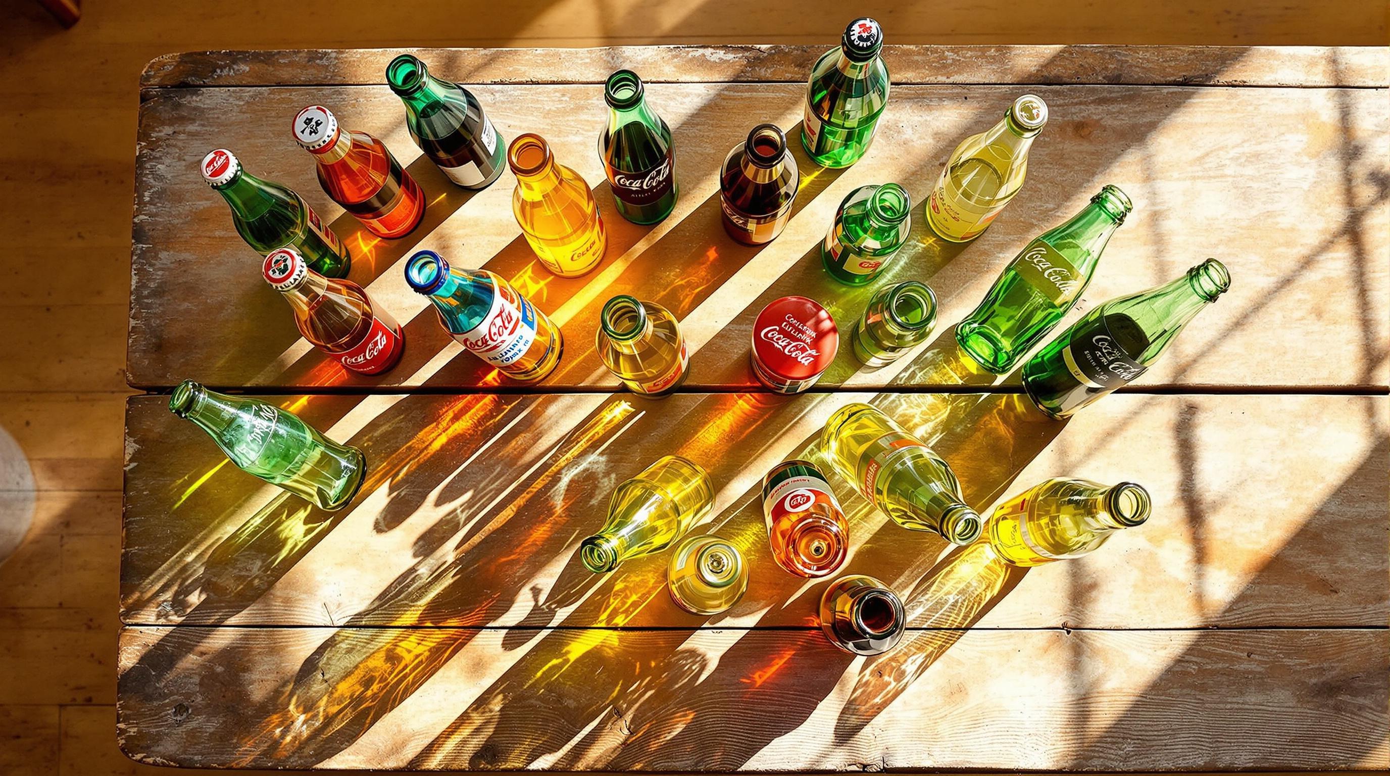Various vintage Coca-Cola bottle designs showing the evolution from Hutchinson bottles to contour designs