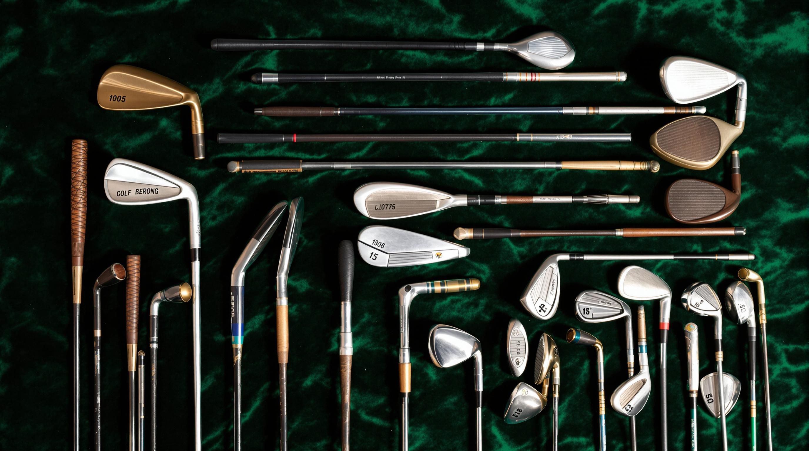Collection of wooden-shafted antique golf clubs with leather grips