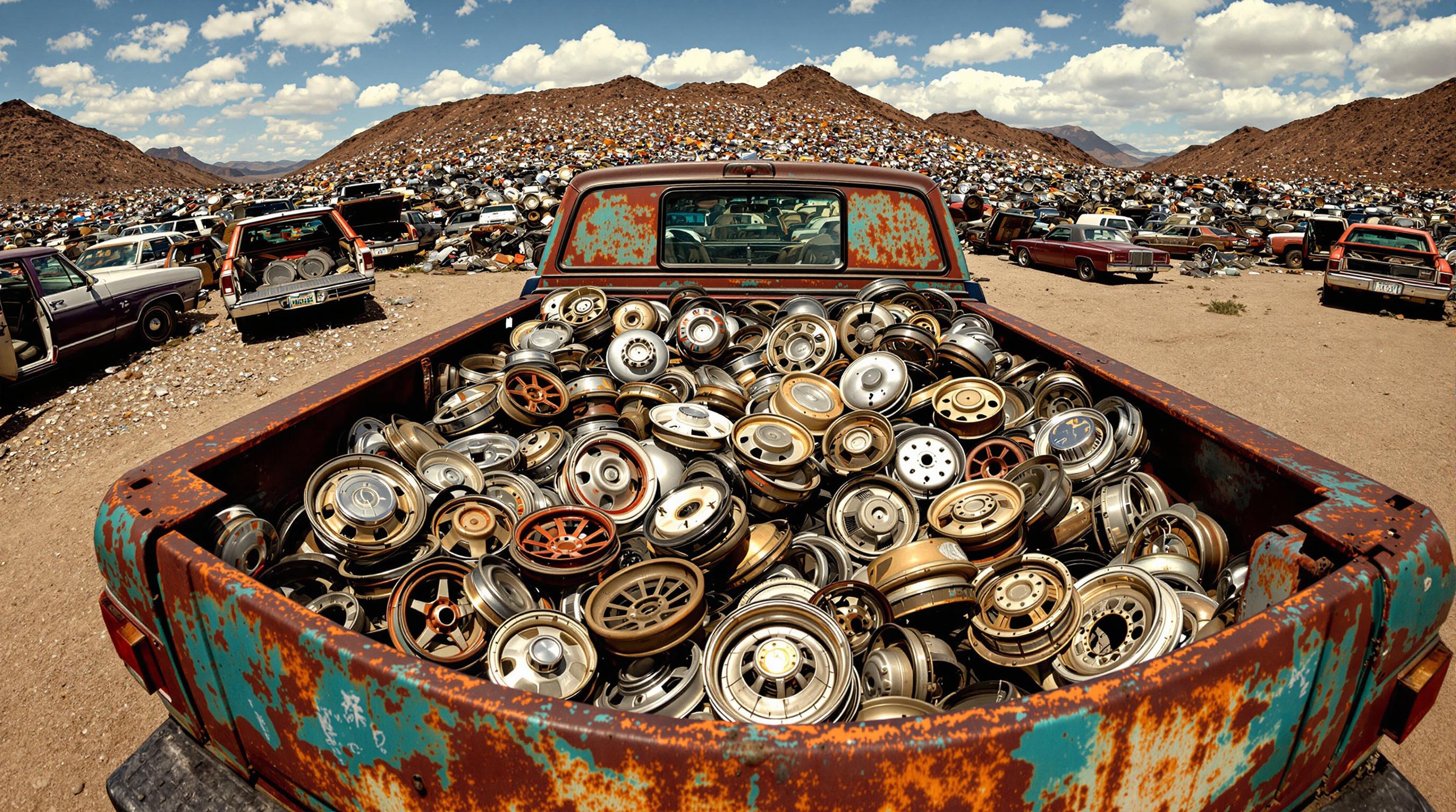 Various vintage hubcaps in different styles and conditions