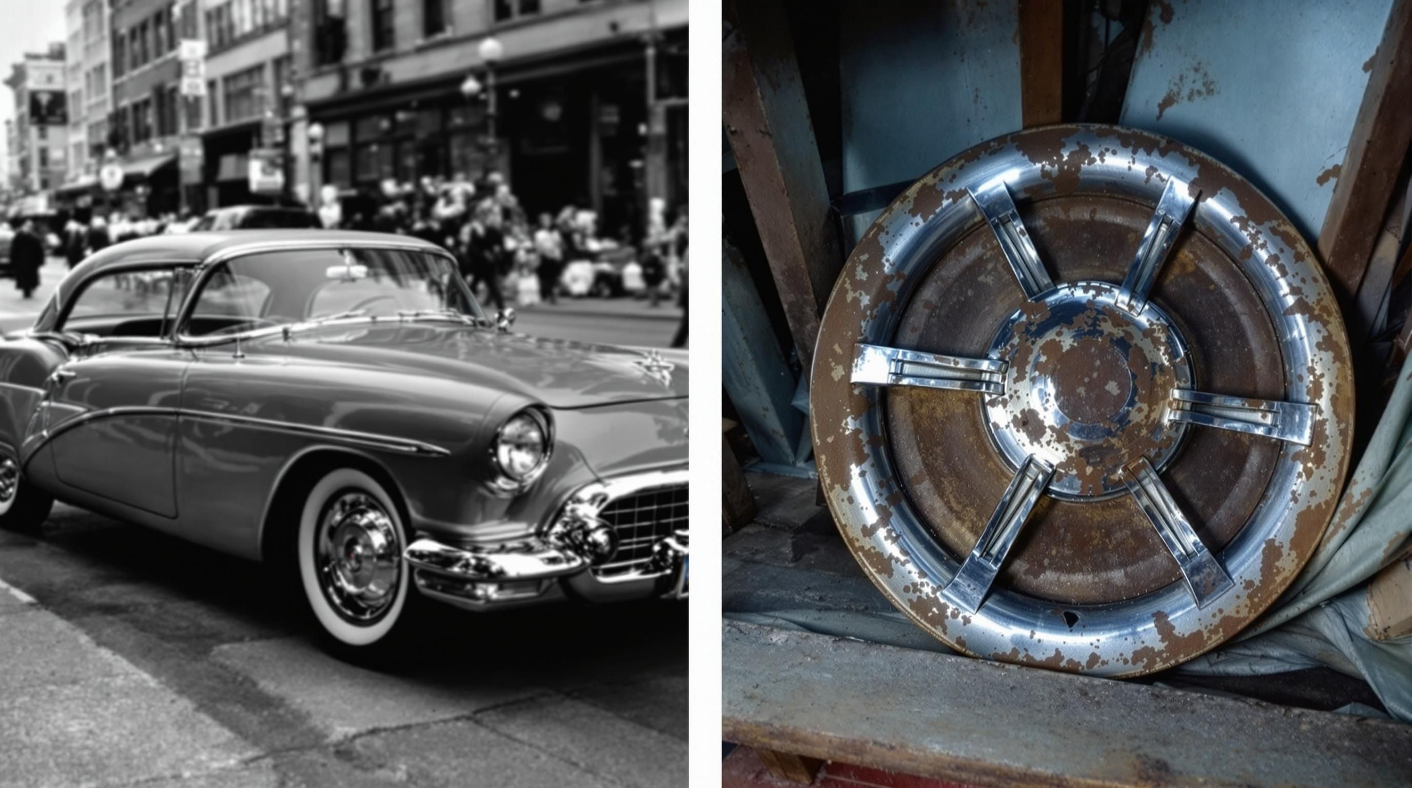 Vintage hubcaps displayed for sale at a collector’s market