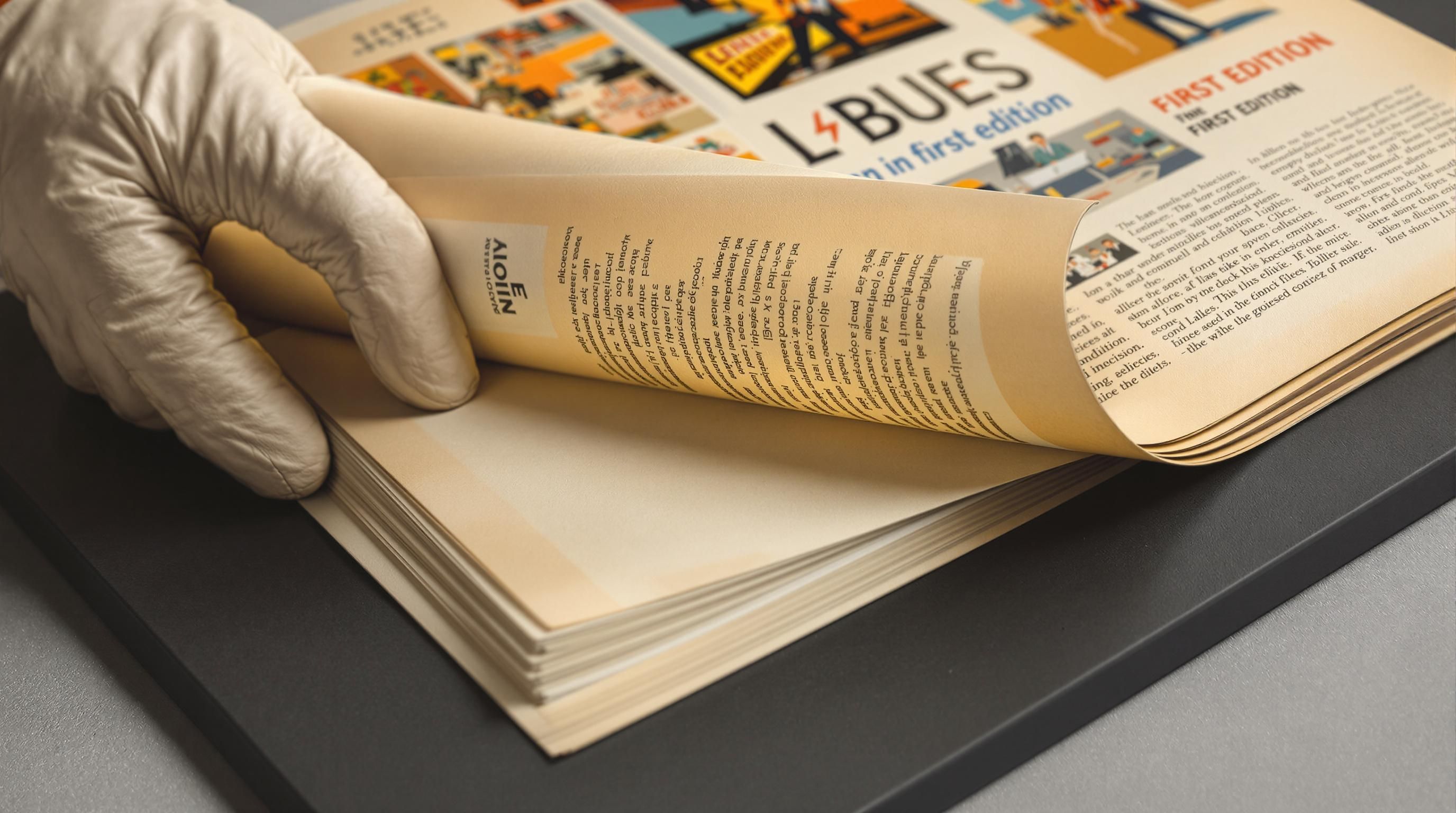 Detailed view of examining a vintage magazine’s condition