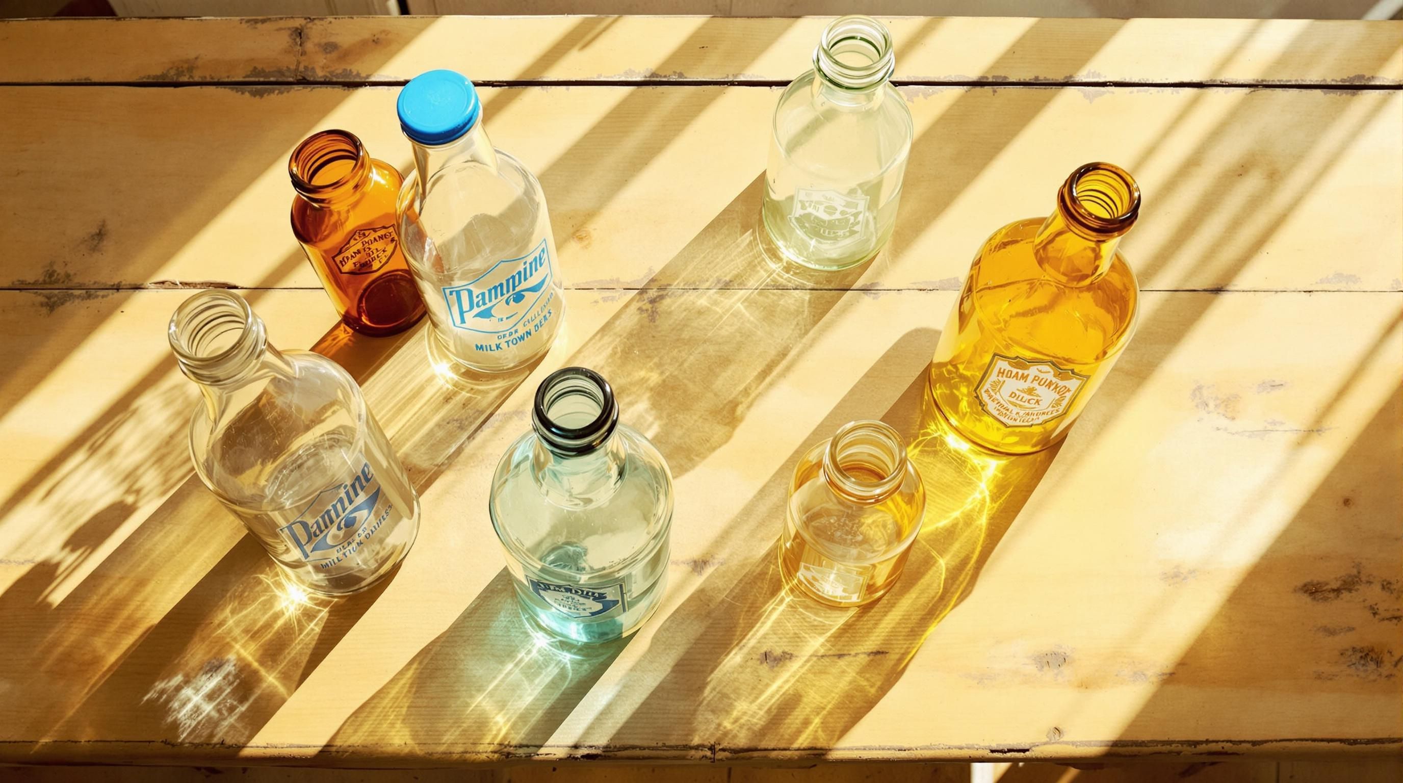 A collection of embossed milk bottles showing various dairy names and logos