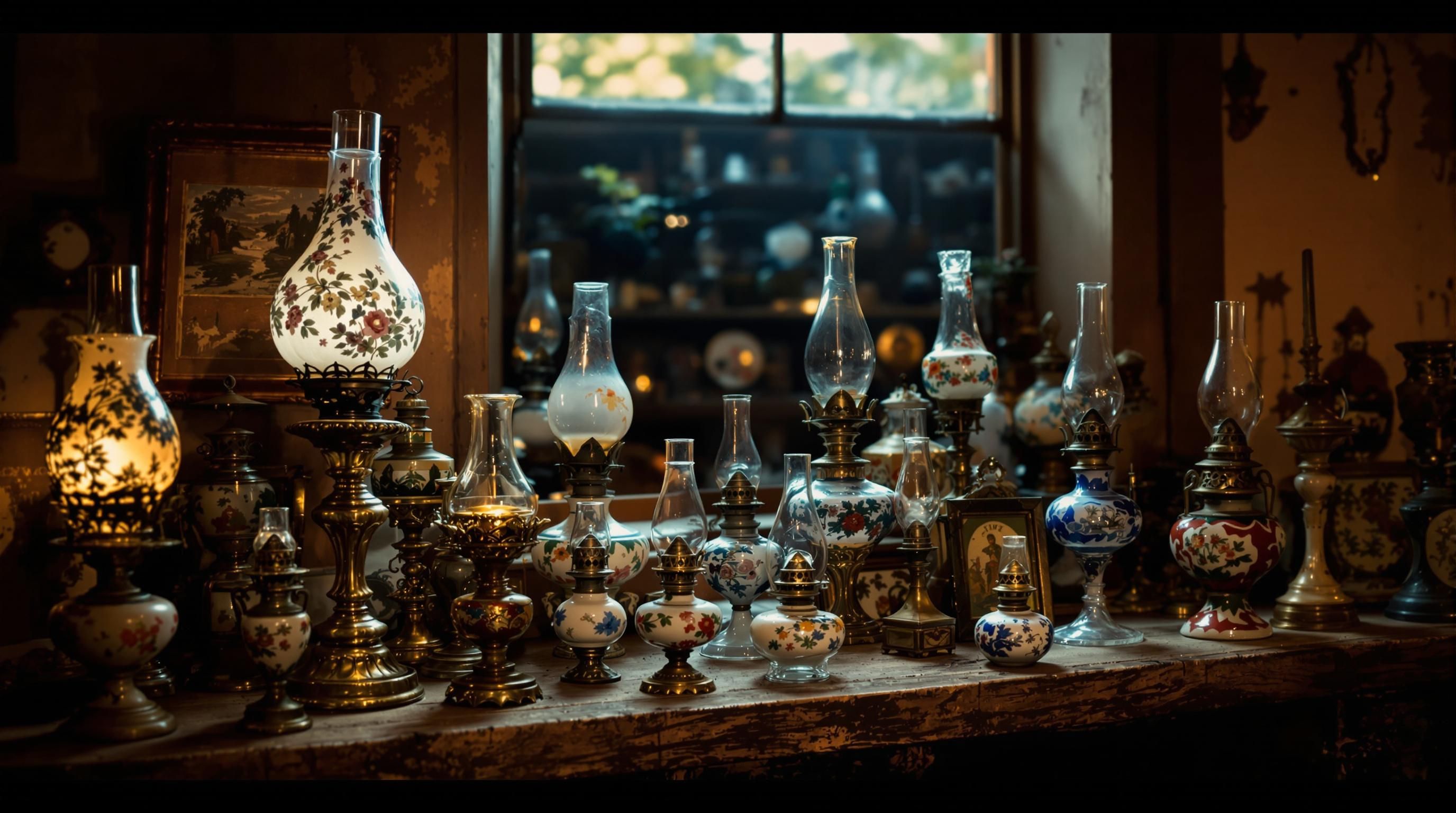 Ornate Victorian-era oil lamp with painted glass shade and brass base