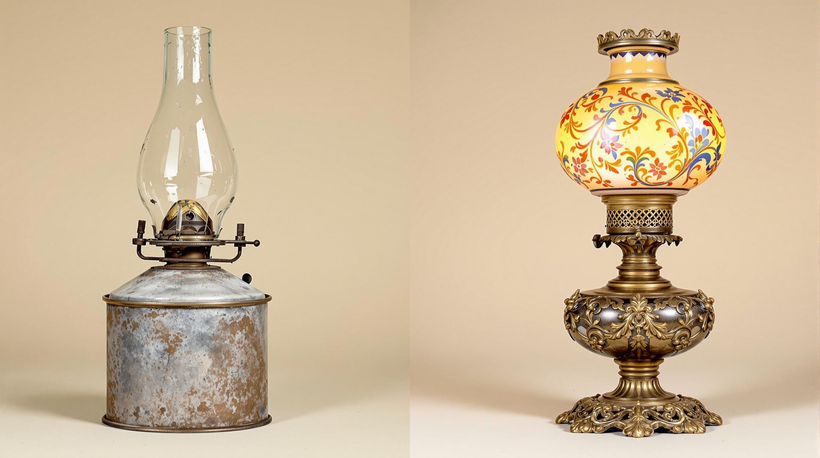 Collection of different styles of antique oil lamps including Gone with the Wind and student lamps