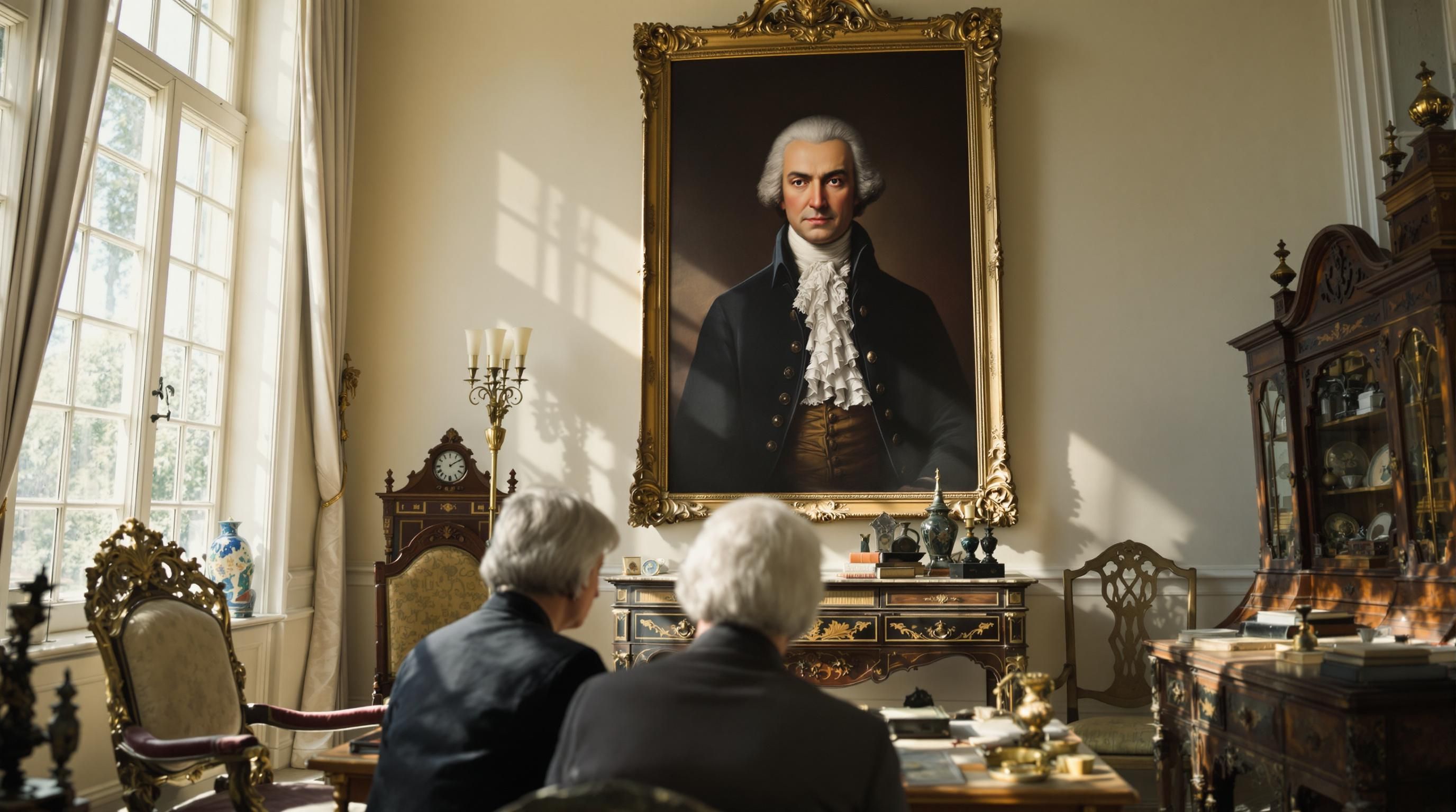 Art appraiser in a gallery examining a collection of framed antique paintings